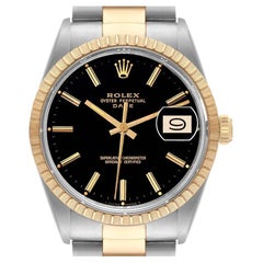 Rolex Date Steel Yellow Gold Engine Turned Bezel Black Dial Mens Watch 15053