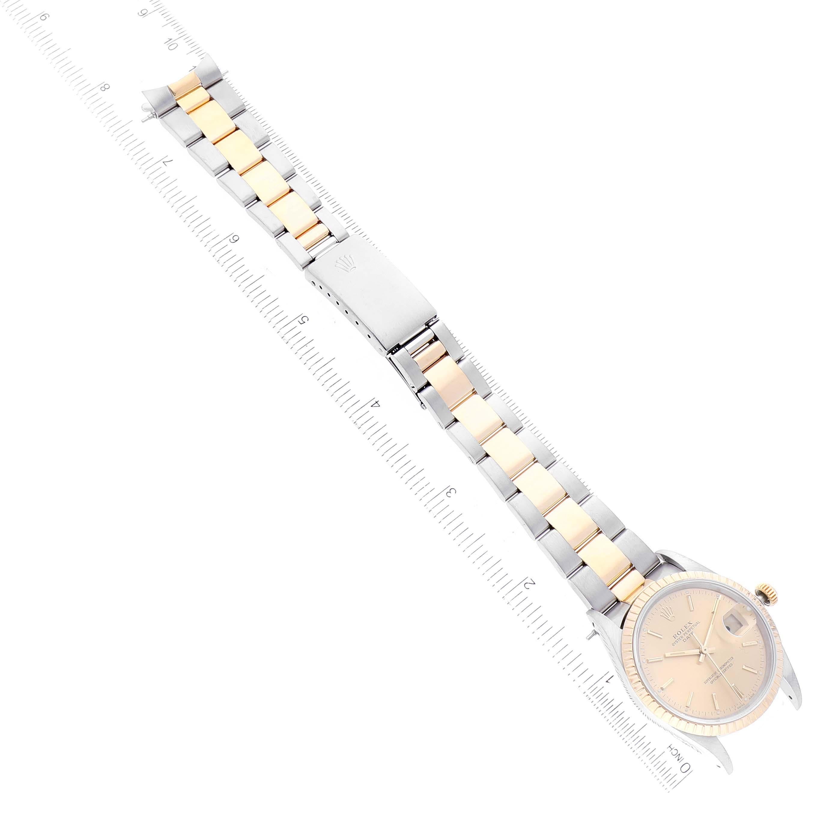 Rolex Date Steel Yellow Gold Engine Turned Bezel Champagne Dial Mens Watch 15223 5