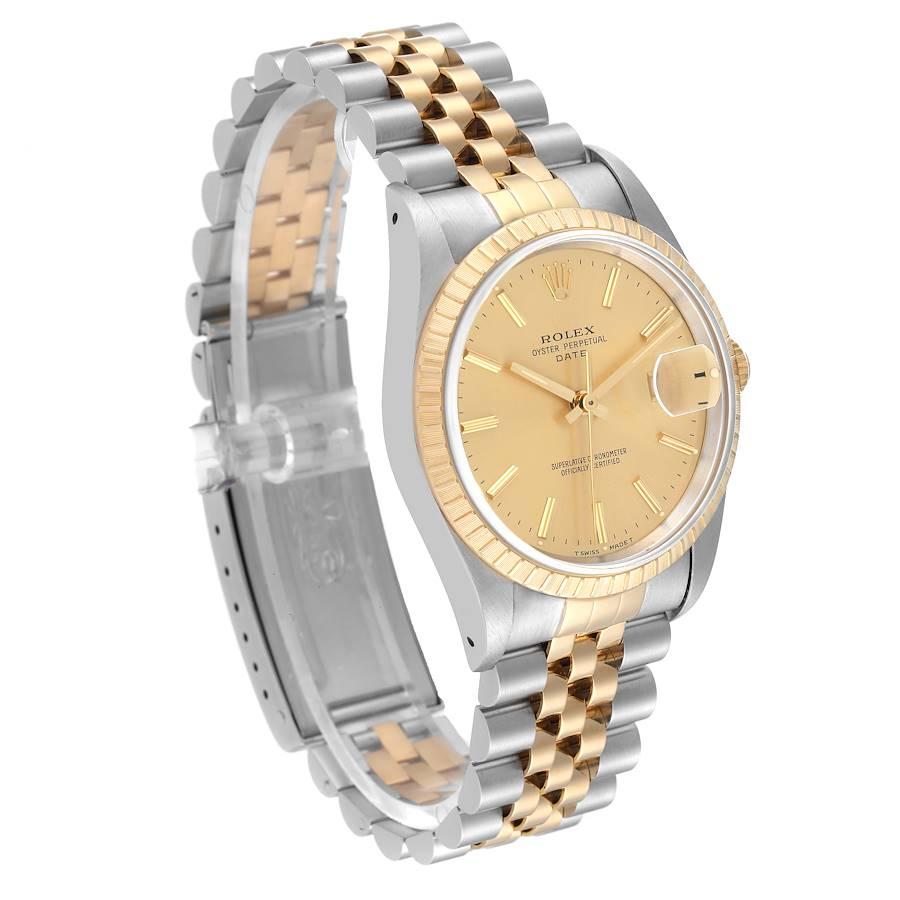 Rolex Date Steel Yellow Gold Engine Turned Bezel Champagne Dial Mens Watch 15223 In Excellent Condition In Atlanta, GA