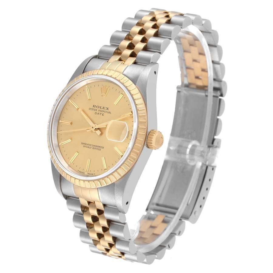 Men's Rolex Date Steel Yellow Gold Engine Turned Bezel Champagne Dial Mens Watch 15223