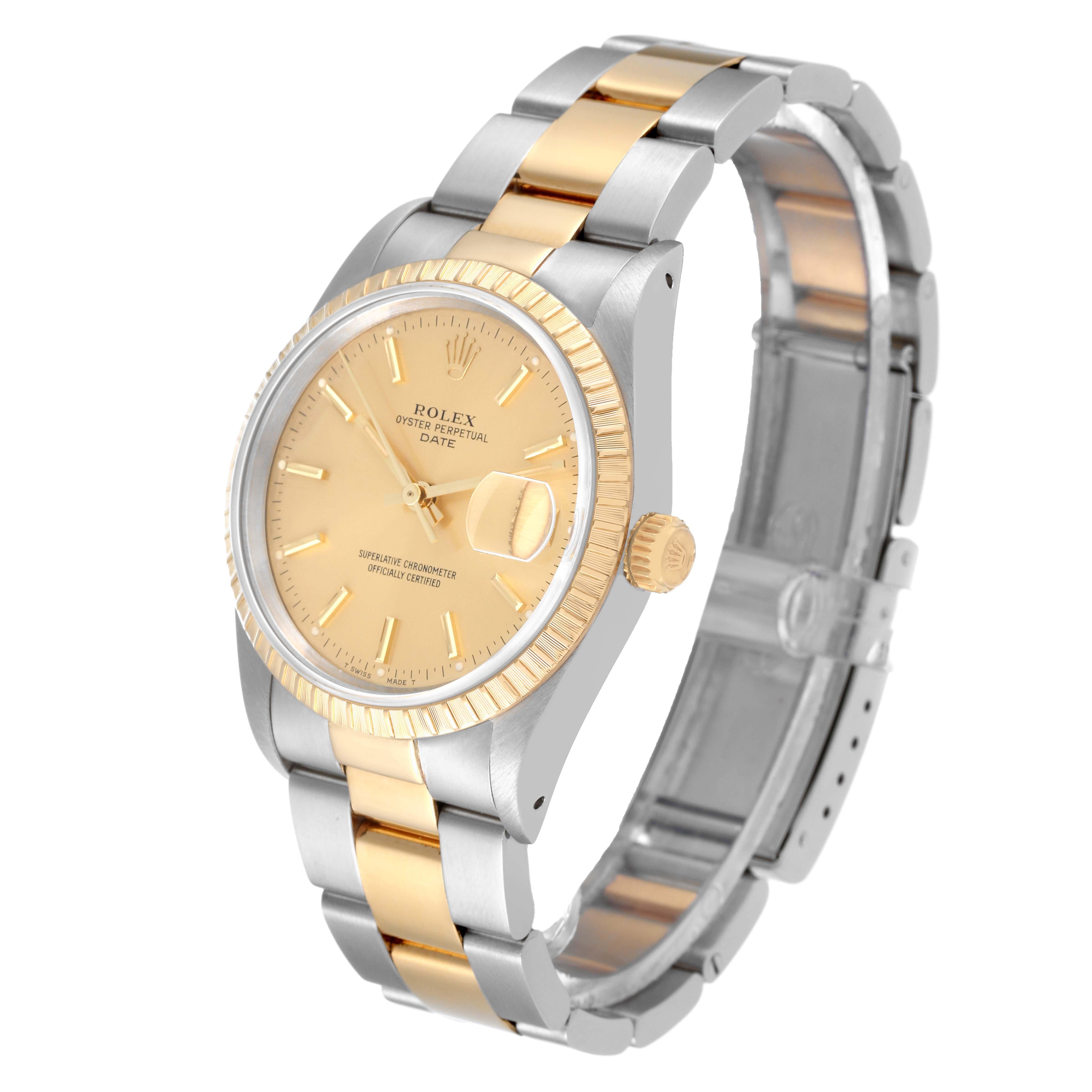 Rolex Date Steel Yellow Gold Engine Turned Bezel Champagne Dial Mens Watch 15223 In Excellent Condition In Atlanta, GA