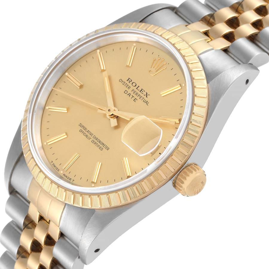 Rolex Date Steel Yellow Gold Engine Turned Bezel Champagne Dial Mens Watch 15223 1