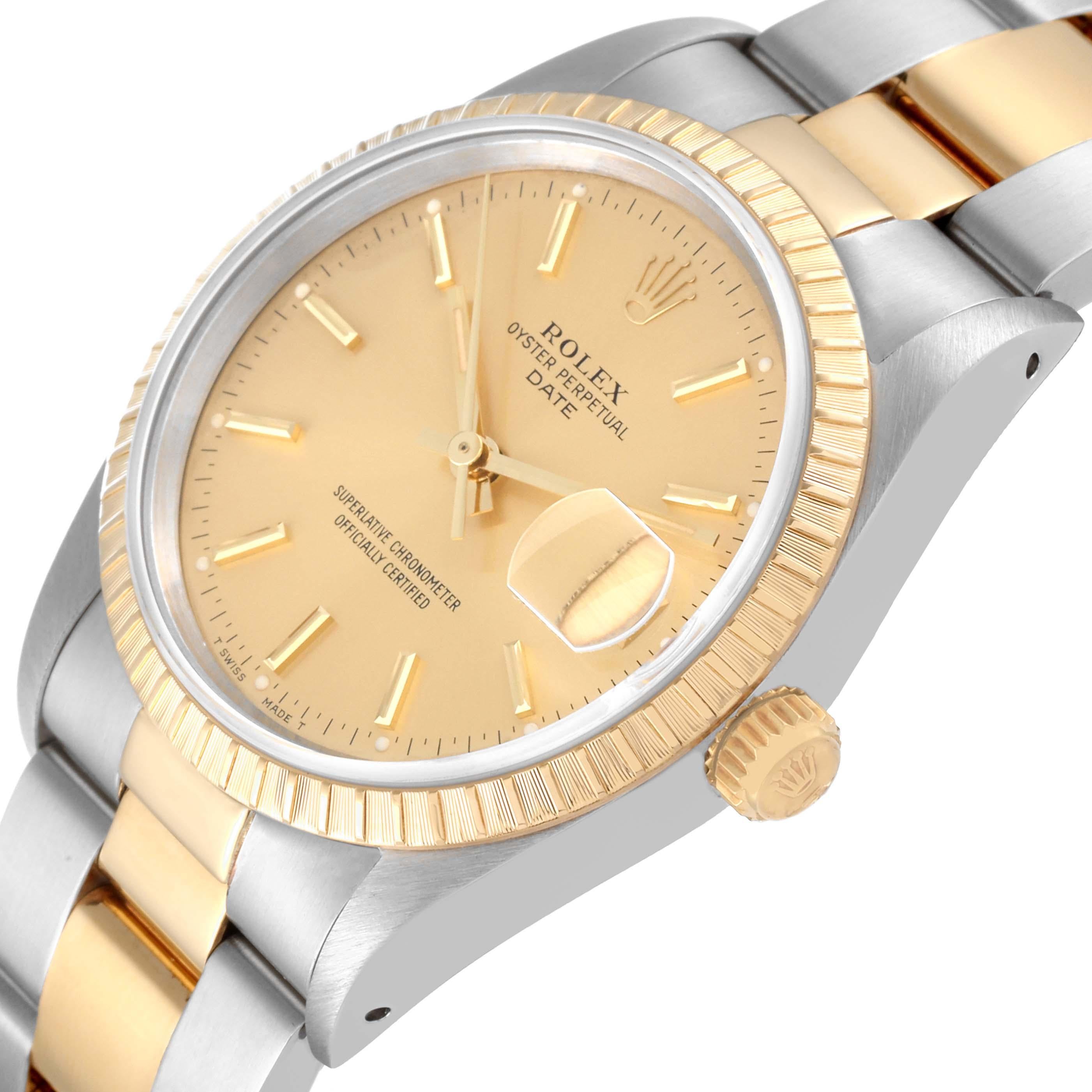 Men's Rolex Date Steel Yellow Gold Engine Turned Bezel Champagne Dial Mens Watch 15223
