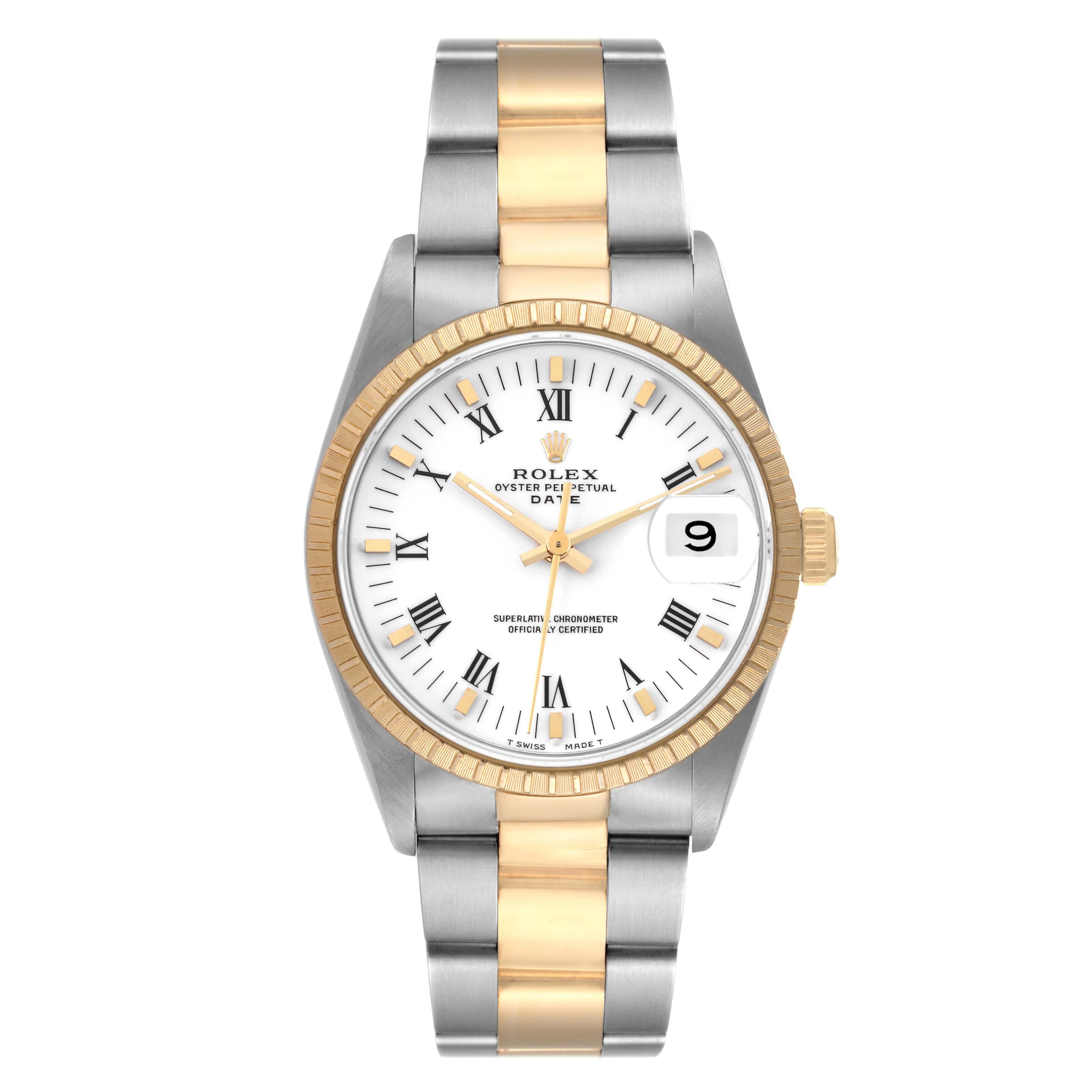 Rolex Date Steel Yellow Gold Engine Turned Bezel Mens Watch 15223 Box Papers. Officially certified chronometer self-winding movement with quickset date function. Stainless steel and 18K yellow gold oyster case 34.0 mm in diameter. Rolex logo on the