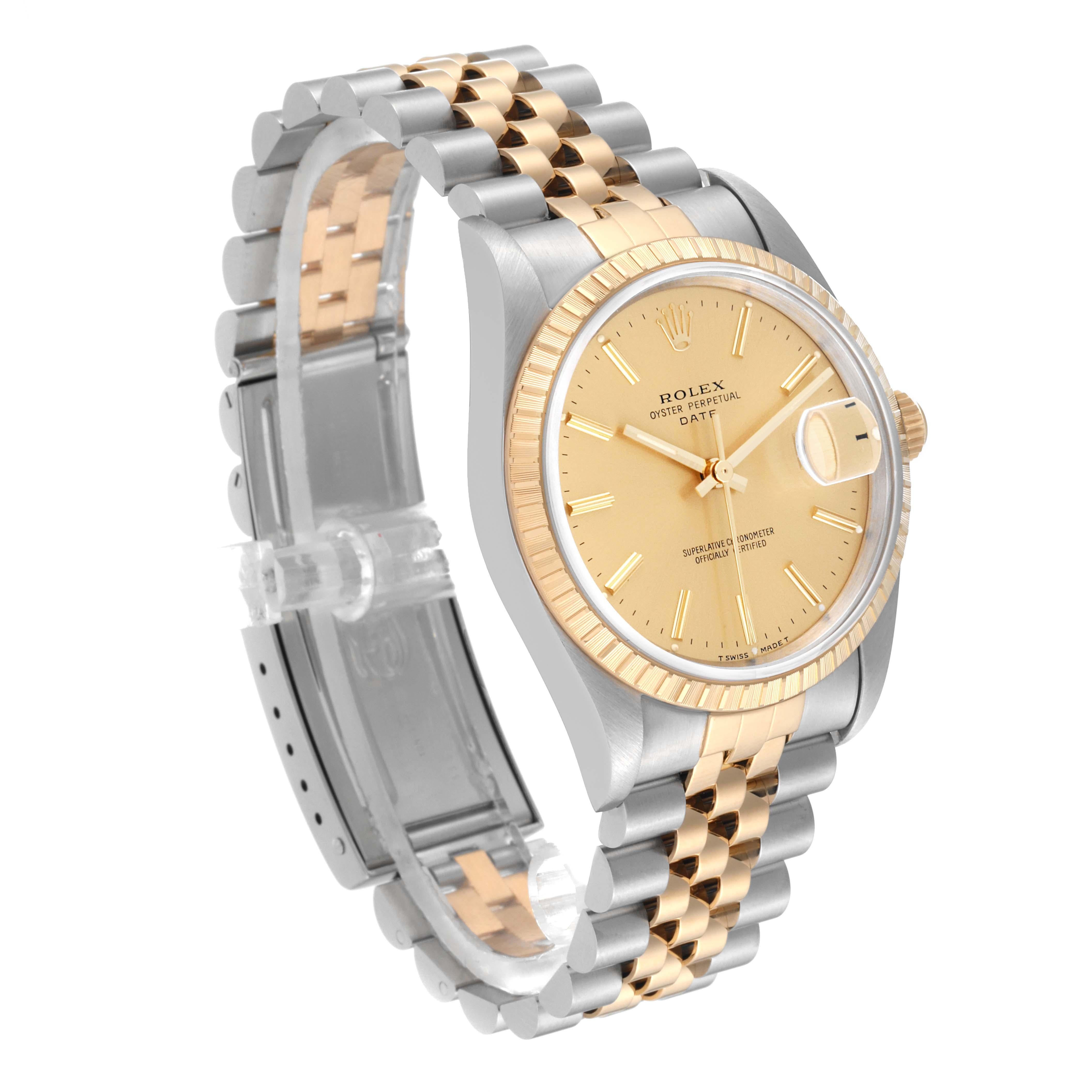 Rolex Date Steel Yellow Gold Engine Turned Bezel Mens Watch 15223 Box Papers For Sale 2