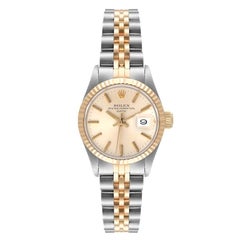 Rolex Date Steel Yellow Gold Silver Dial Fluted Bezel Ladies Watch 6917