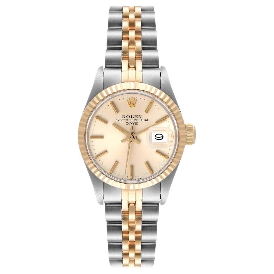 Rolex Date Steel Yellow Gold Silver Dial Fluted Bezel Ladies Watch 6917