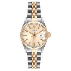 Rolex Date Steel Yellow Gold Silver Dial Fluted Bezel Ladies Watch 6917