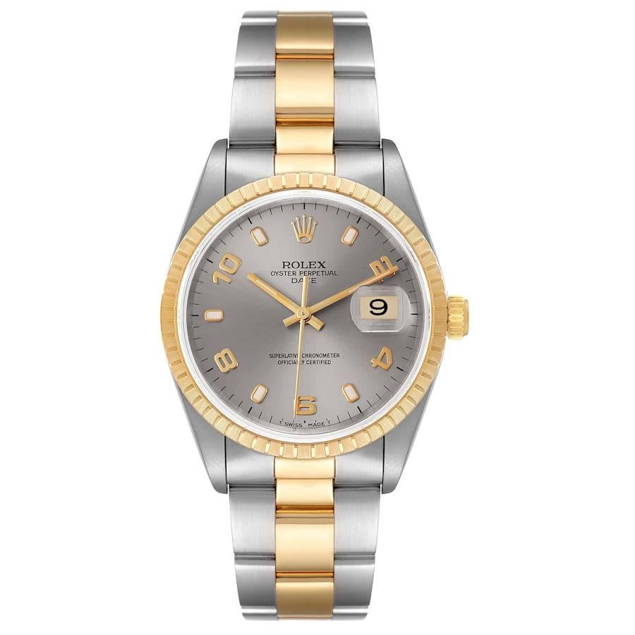 Rolex Date Steel Yellow Gold Slate Dial Mens Watch 15223. Officially certified chronometer self-winding movement with quickset date function. Stainless steel and 18K yellow gold oyster case 34.0 mm in diameter. Rolex logo on a crown. 18K yellow gold