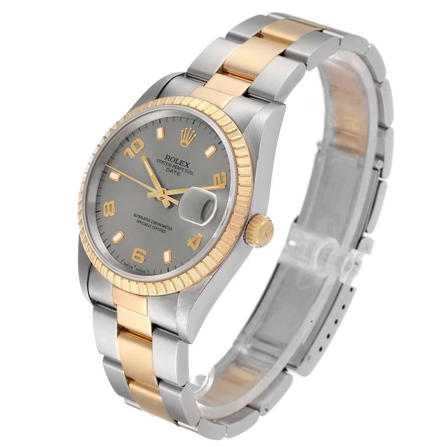 Rolex Date Steel Yellow Gold Slate Dial Mens Watch 15223 In Excellent Condition In Atlanta, GA