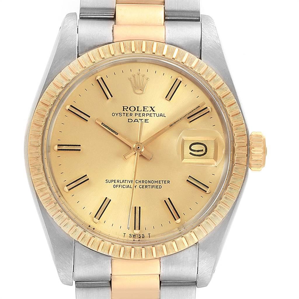 Rolex Date Steel Yellow Gold Vintage Mens Watch 1505 Box Papers. Officially certified chronometer self-winding movement. Stainless steel and 14K yellow gold round oyster case 34 mm in diameter. Rolex logo on a crown. 14k yellow gold engine turned