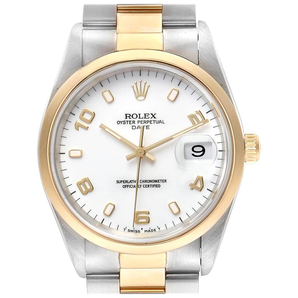 Rolex Date Steel Yellow Gold White Dial Men's Watch 15203 Box For Sale at 1stDibs