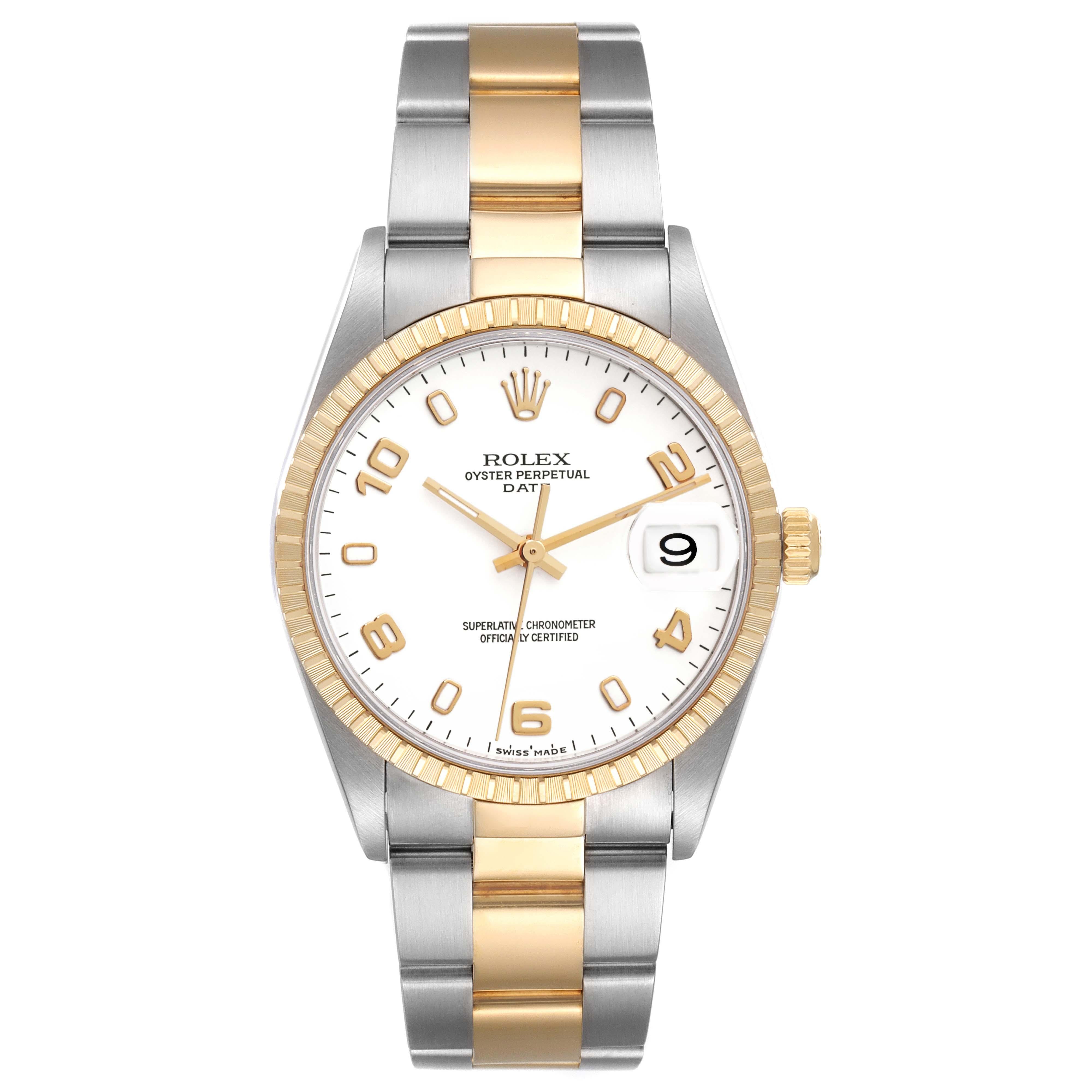 Rolex Date Steel Yellow Gold White Dial Mens Watch 15223. Officially certified chronometer self-winding movement with quickset date function. Stainless steel and 18K yellow gold oyster case 34.0 mm in diameter. Rolex logo on a crown. 18K yellow gold