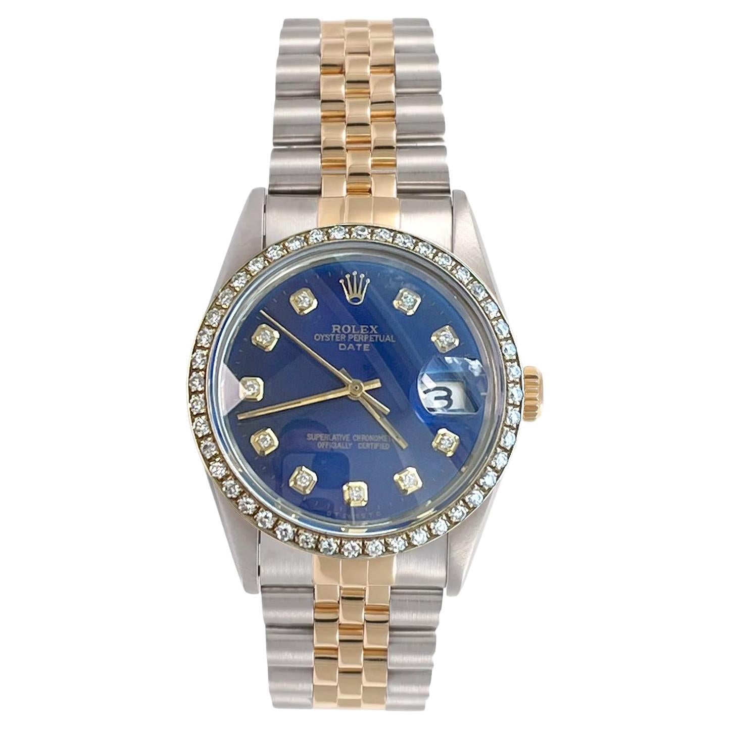 Rolex Oyster Perpetual Date Two-Tone Blue Diamond Dial Bezel Men's Watch 15003