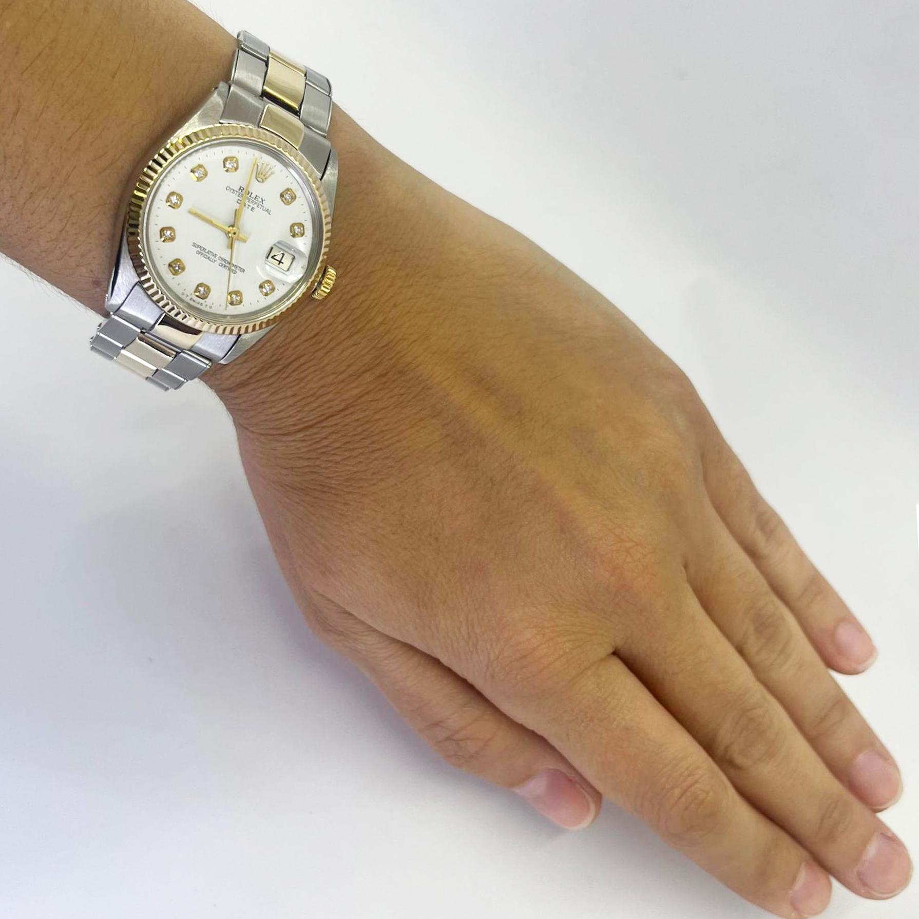 Pre-owned 34mm Rolex Date automatic watch crafted in 18 karat yellow gold and steel with aftermarket white diamond dial and Oyster bracelet. Model 1500 circa 1970. Polished and serviced by CW21 watchmaker with new Rolex parts in August 2024.