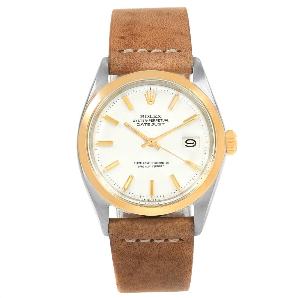 Rolex Date Vintage Steel Yellow Gold White Dial Mens Watch 1600. Officially certified chronometer self-winding movement. Stainless steel oyster case 35 mm in diameter. Rolex logo on a crown. Yellow gold smooth domed bezel. Acrylic crystal with