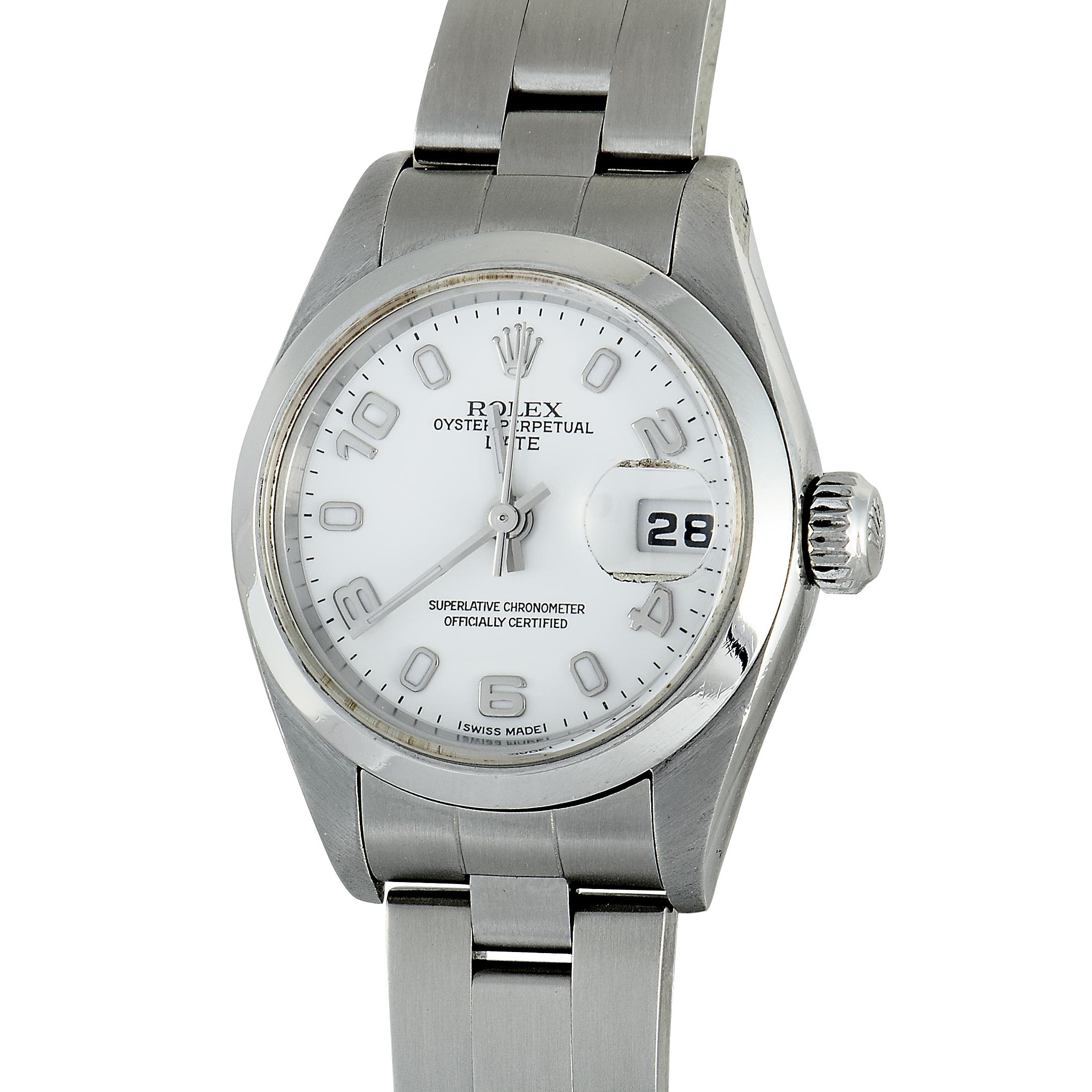 The Rolex Date, reference number 78240, boasts a stainless steel case that is mounted onto a matching stainless steel bracelet. The white dial with Arabic numerals features central hours, minutes and seconds, and date. The watch is powered by a