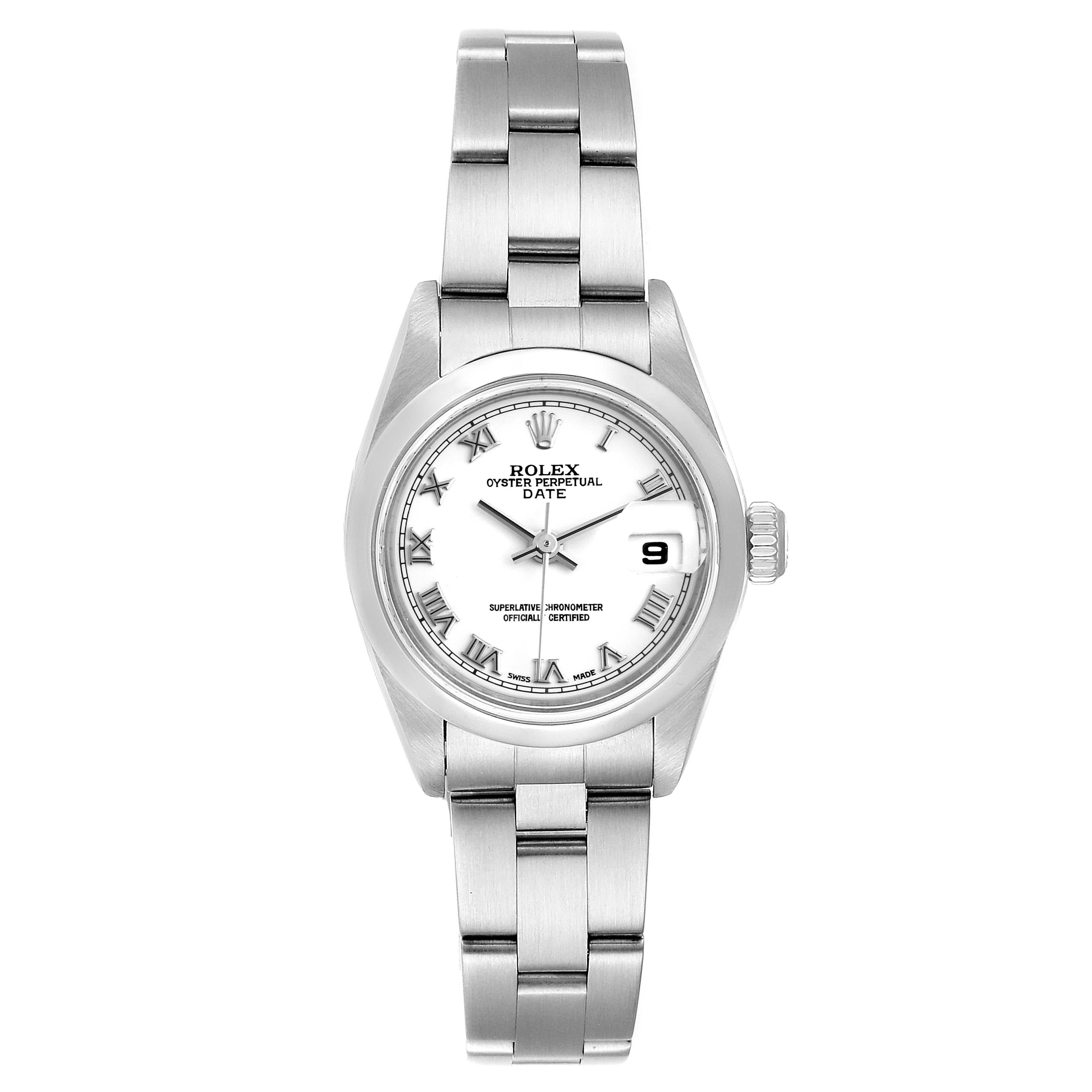 Rolex Date White Dial Domed Bezel Steel Ladies Watch 79160 Box Papers. Officially certified chronometer self-winding movement. Stainless steel oyster case 26 mm in diameter. Rolex logo on a crown. Stainless steel smooth bezel. Scratch resistant