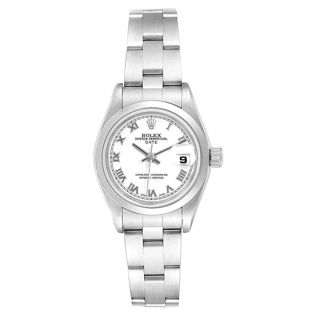 Rolex Date White Dial Domed Bezel Steel Ladies Watch 79160 Box Papers. Officially certified chronometer automatic self-winding movement. Stainless steel oyster case 26 mm in diameter. Rolex logo on a crown. Stainless steel smooth bezel. Scratch