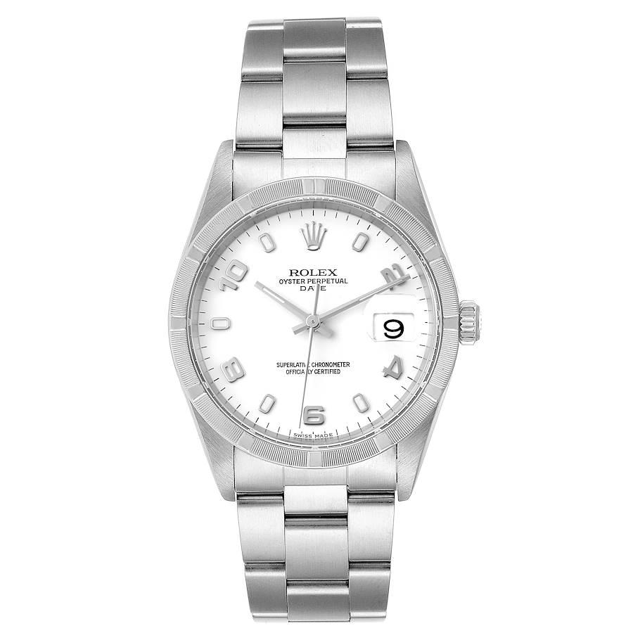 Rolex Date White Dial Engine Turned Bezel Steel Mens Watch 15210 Box. Officially certified chronometer self-winding movement. Stainless steel oyster case 34.0 mm in diameter. Rolex logo on a crown. Stainless steel engine turned bezel. Scratch