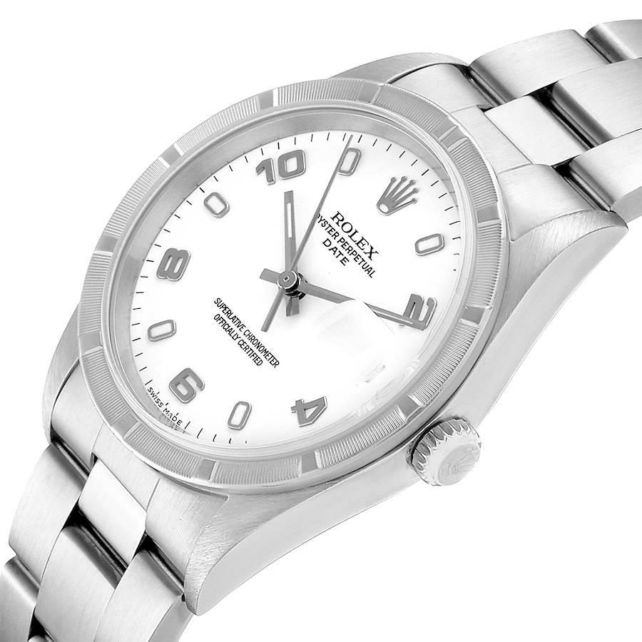 Rolex Date White Dial Engine Turned Bezel Steel Men's Watch 15210 Box For Sale 1