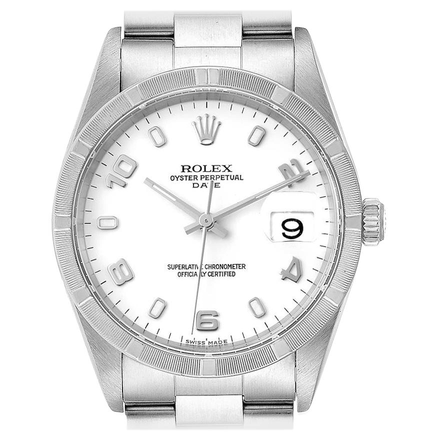 Rolex Date White Dial Engine Turned Bezel Steel Men's Watch 15210 Box For Sale