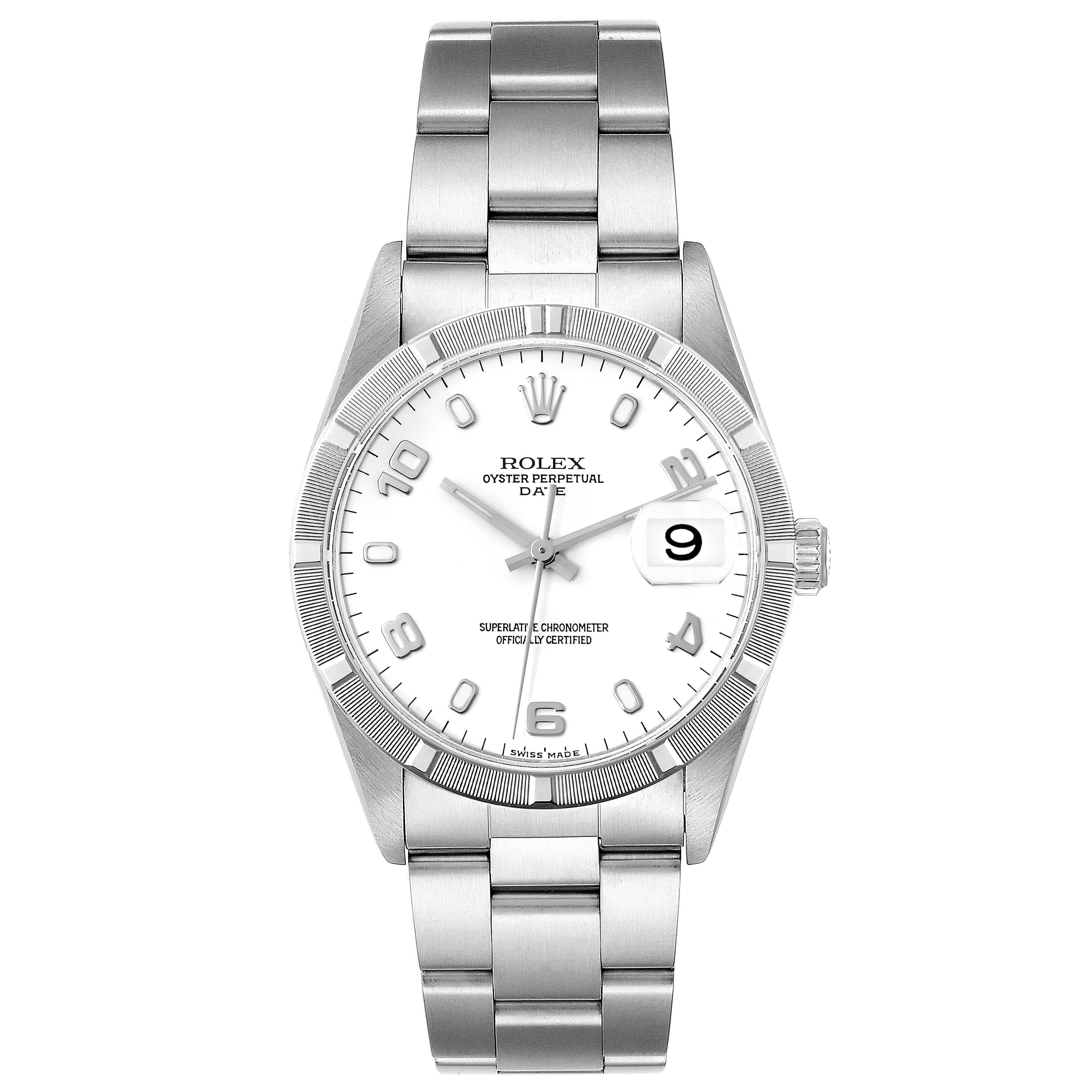 Rolex Date White Dial Engine Turned Bezel Steel Mens Watch 15210. Officially certified chronometer automatic self-winding movement. Stainless steel oyster case 34.0 mm in diameter. Rolex logo on the crown. Stainless steel engine turned bezel.
