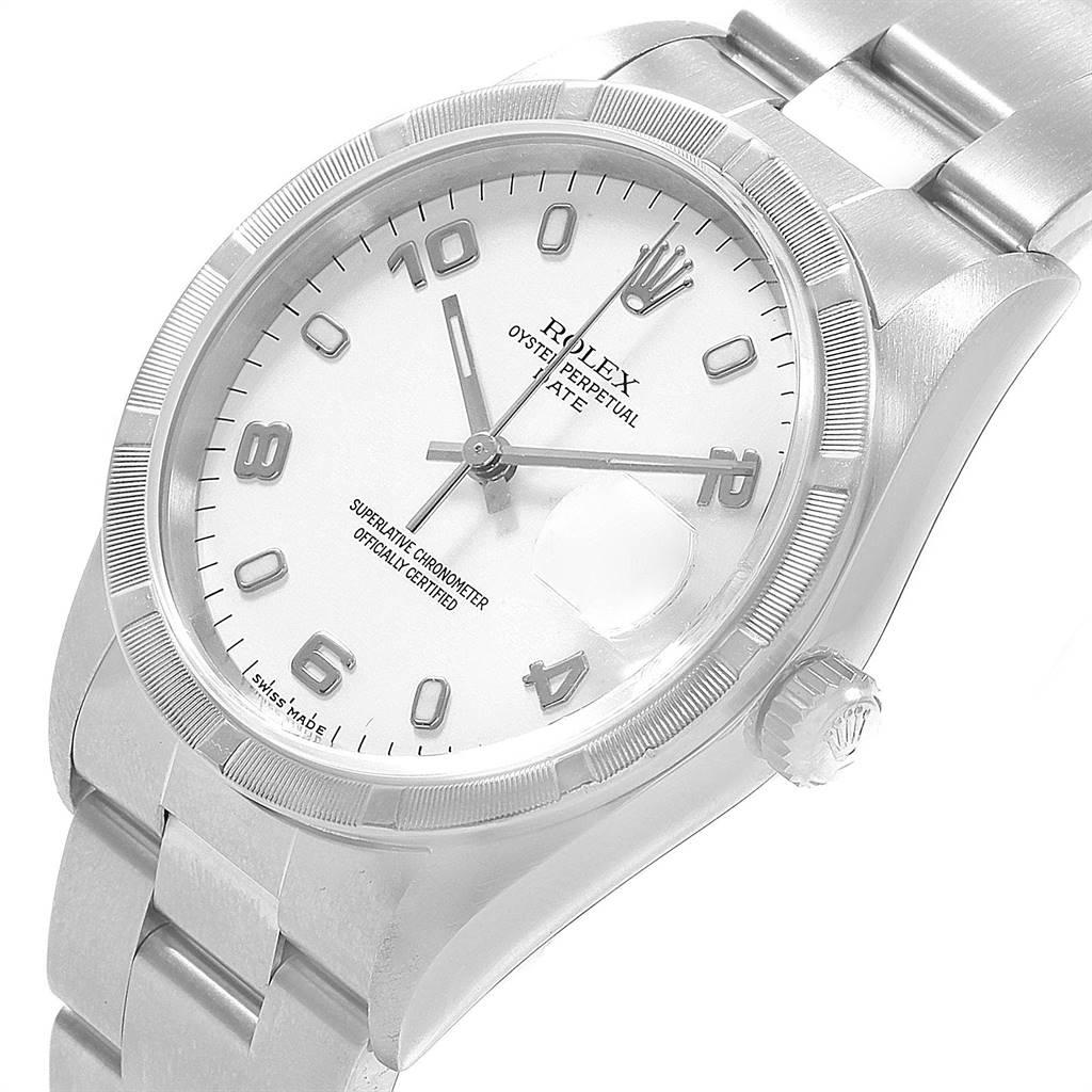 Rolex Date White Dial Engine Turned Bezel Steel Men's Watch 15210 2