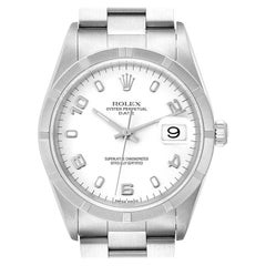 Rolex Date White Dial Engine Turned Bezel Steel Men's Watch 15210