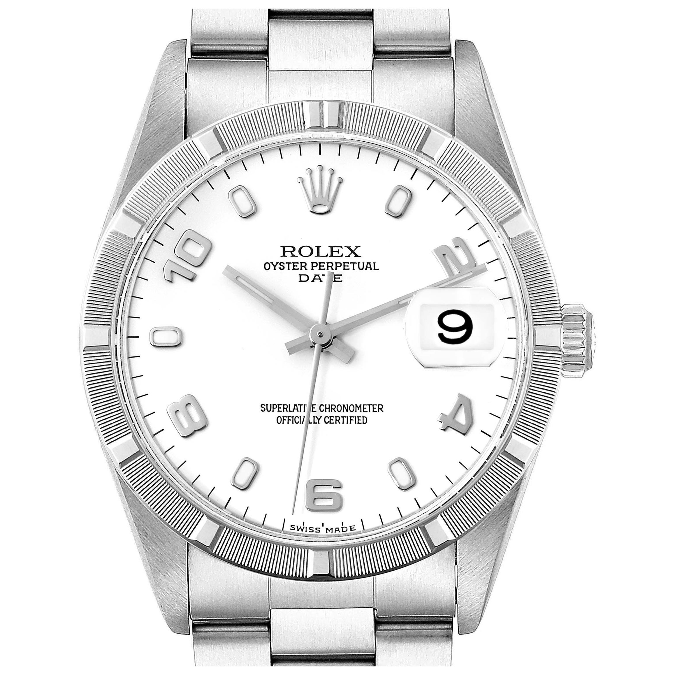 Rolex Date Weißes Zifferblatt Motor gedrechselte Lünette Stahl Herrenuhr 15210