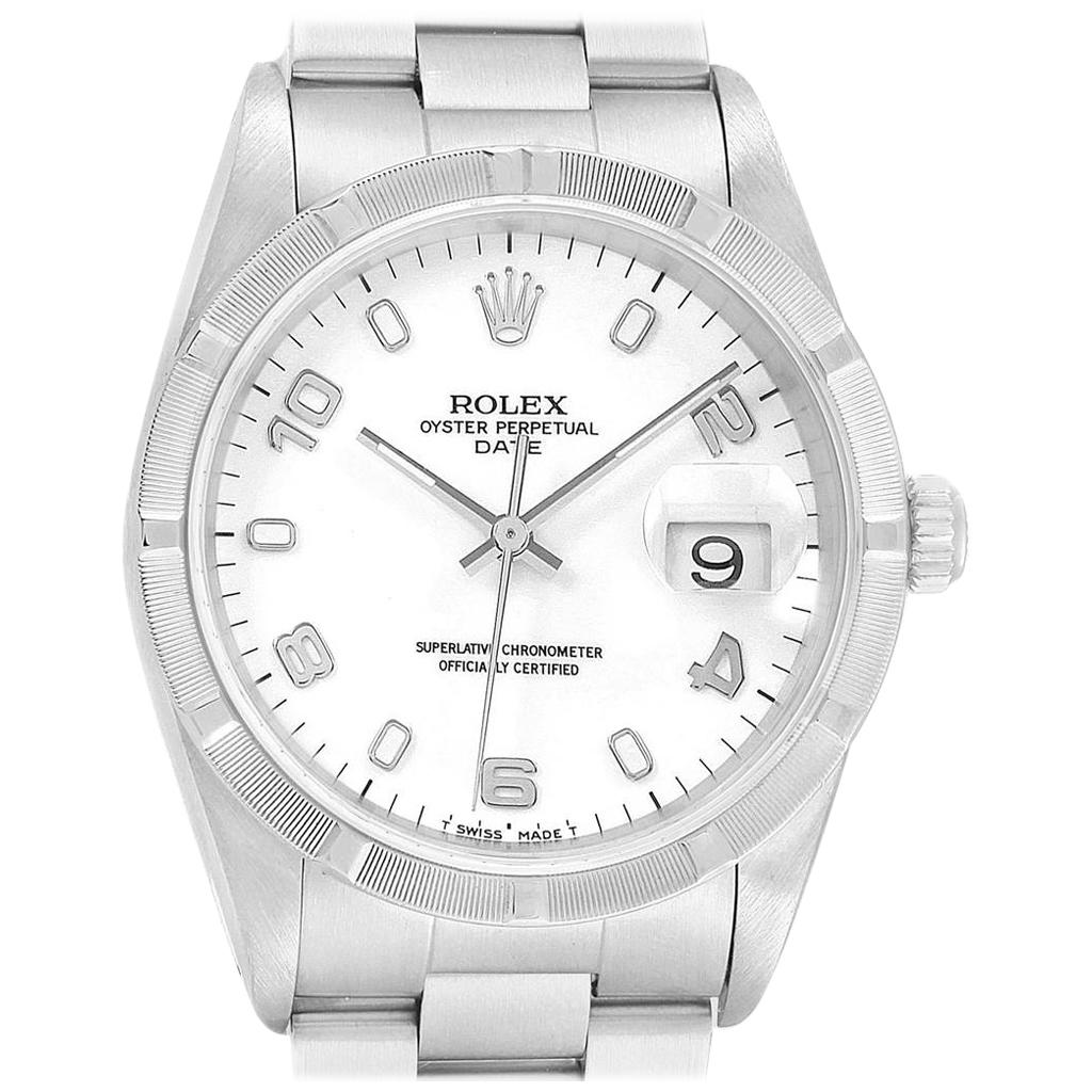 Rolex Date White Dial Engine Turned Bezel Steel Men's Watch 15210 For Sale