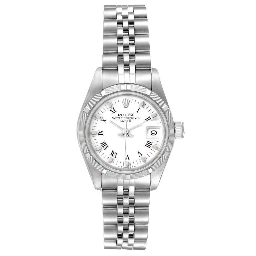 Rolex Date White Dial Oyster Bracelet Steel Ladies Watch 69160. Officially certified chronometer self-winding movement. Stainless steel oyster case 26.0 mm in diameter. Rolex logo on a crown. Stainless steel engine turned bezel. Scratch resistant