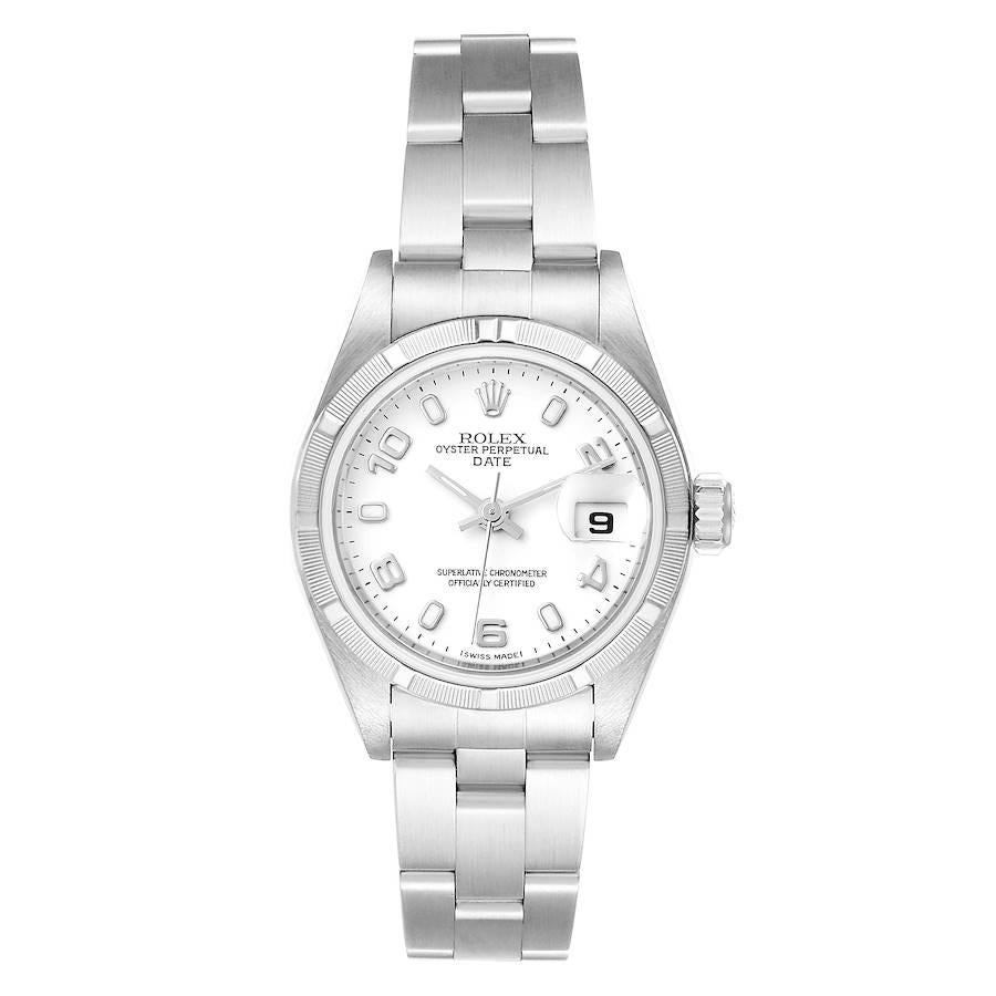 Rolex Date White Dial Oyster Bracelet Steel Ladies Watch 79190. Officially certified chronometer self-winding movement. Stainless steel oyster case 25 mm in diameter. Rolex logo on a crown. Stainless steel engine turned bezel. Scratch resistant