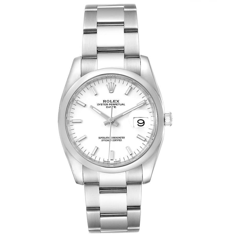 Rolex Date White Dial Oyster Bracelet Steel Mens Watch 115200 Box Card. Officially certified chronometer self-winding movement. Stainless steel case 34.0 mm in diameter. Rolex logo on a crown. Stainless steel smooth domed bezel. Scratch resistant
