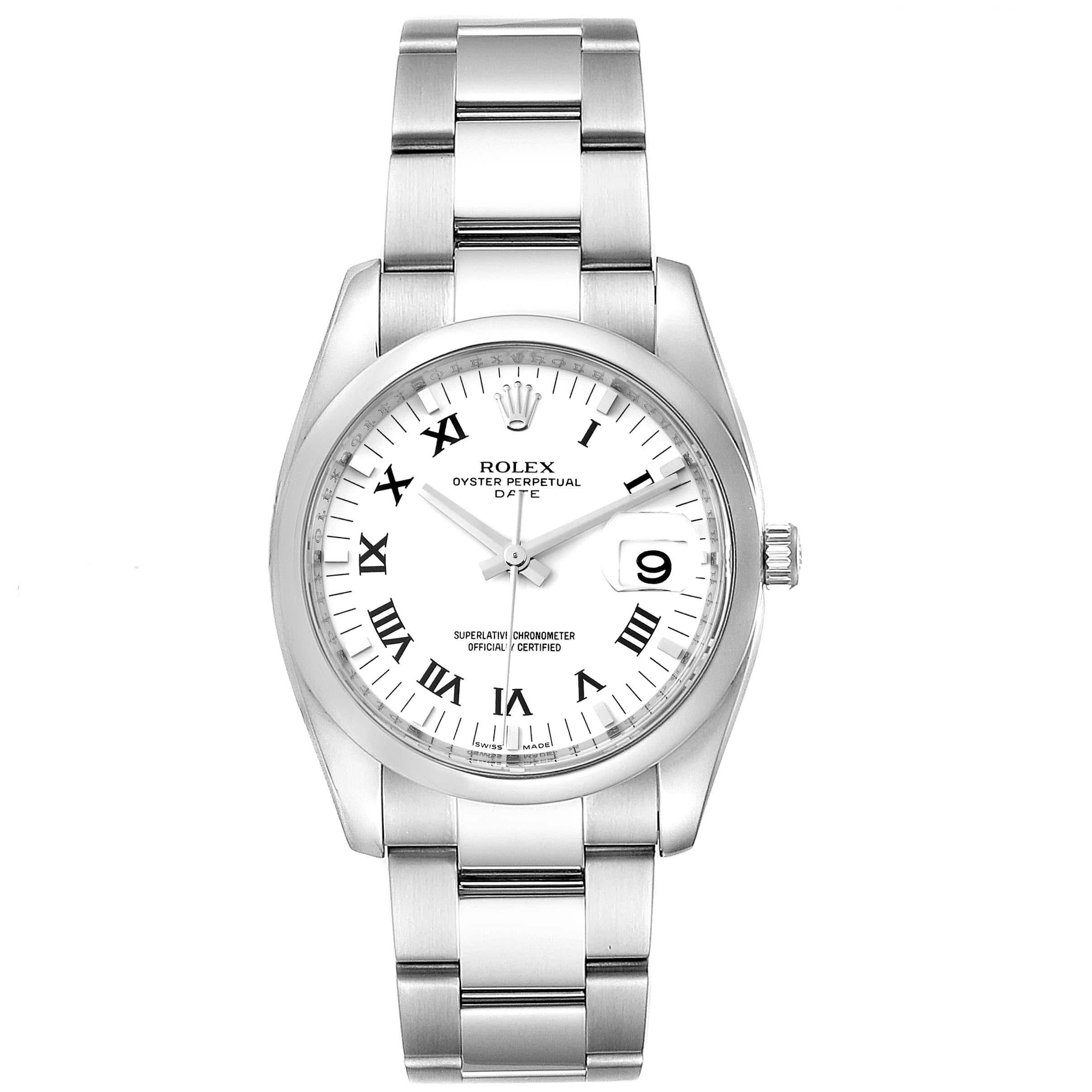 Rolex Date White Dial Oyster Bracelet Steel Mens Watch 115200. Officially certified chronometer self-winding movement. Stainless steel case 34.0 mm in diameter. Rolex logo on a crown. Stainless steel smooth domed bezel. Scratch resistant sapphire