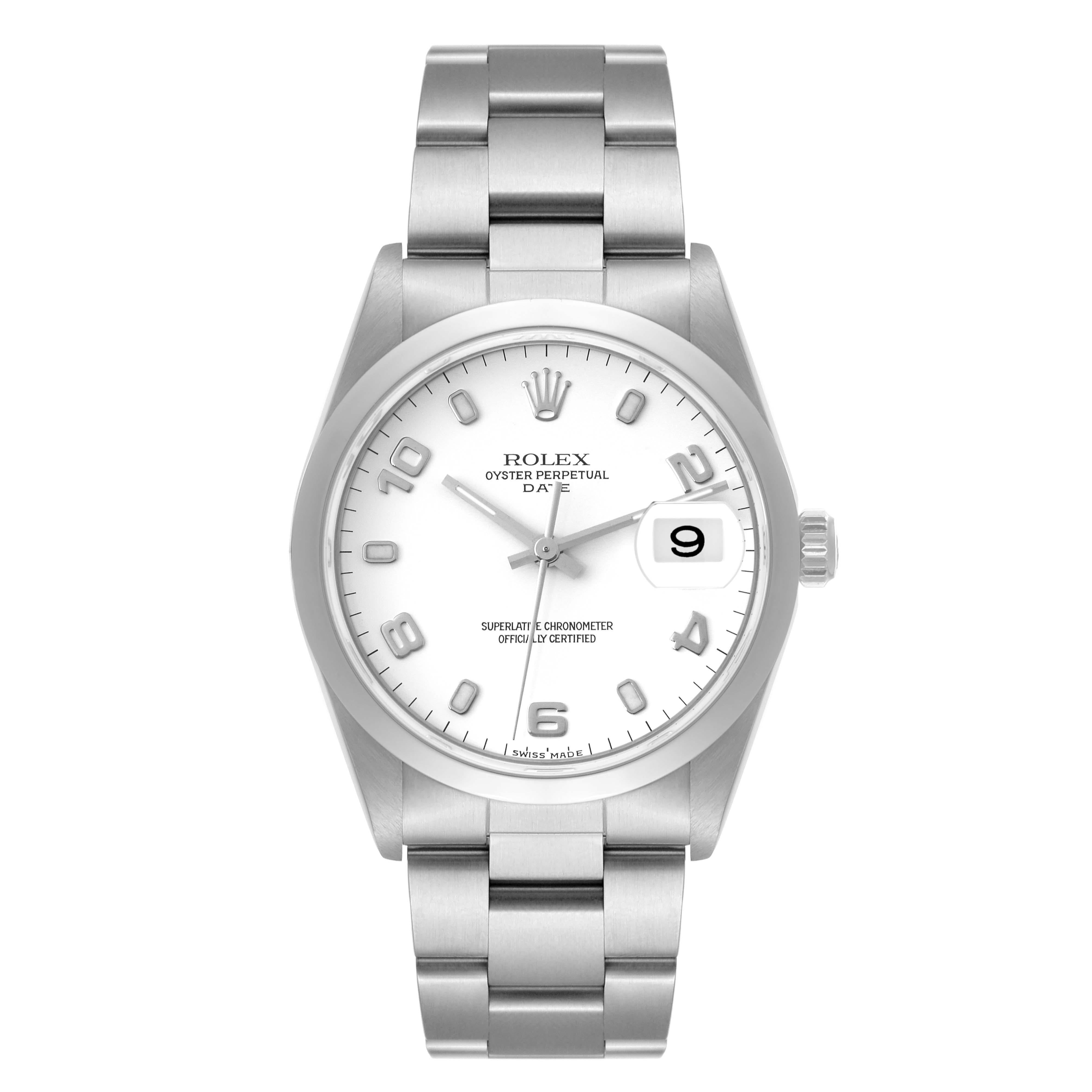 Rolex Date White Dial Oyster Bracelet Steel Mens Watch 15200 Box Papers. Officially certified chronometer self-winding movement. Stainless steel oyster case 34.0 mm in diameter. Rolex logo on the crown. Stainless steel smooth bezel. Scratch