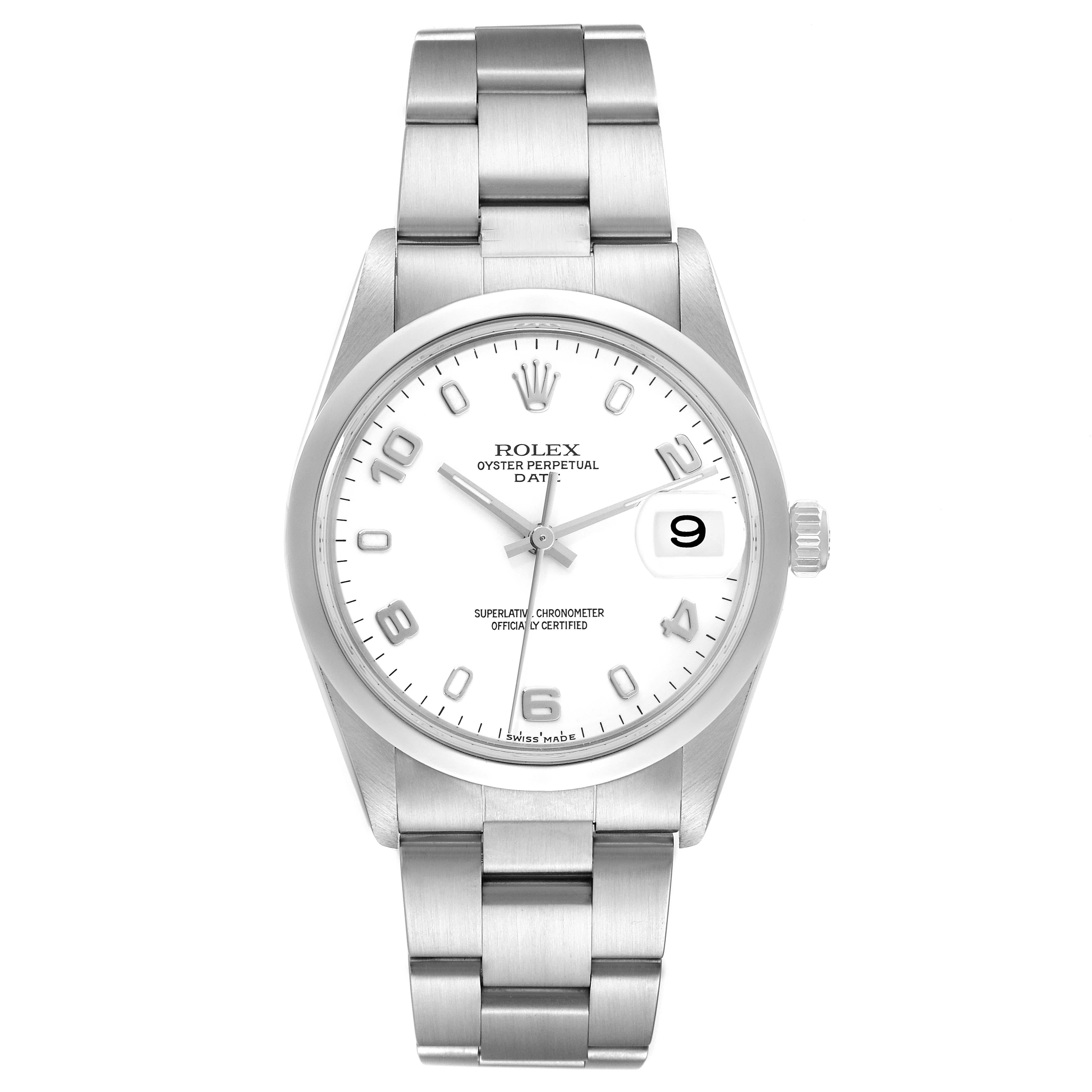 Rolex Date White Dial Oyster Bracelet Steel Mens Watch 15200. Officially certified chronometer self-winding movement. Stainless steel oyster case 34.0 mm in diameter. Rolex logo on the crown. Stainless steel smooth bezel. Scratch resistant sapphire
