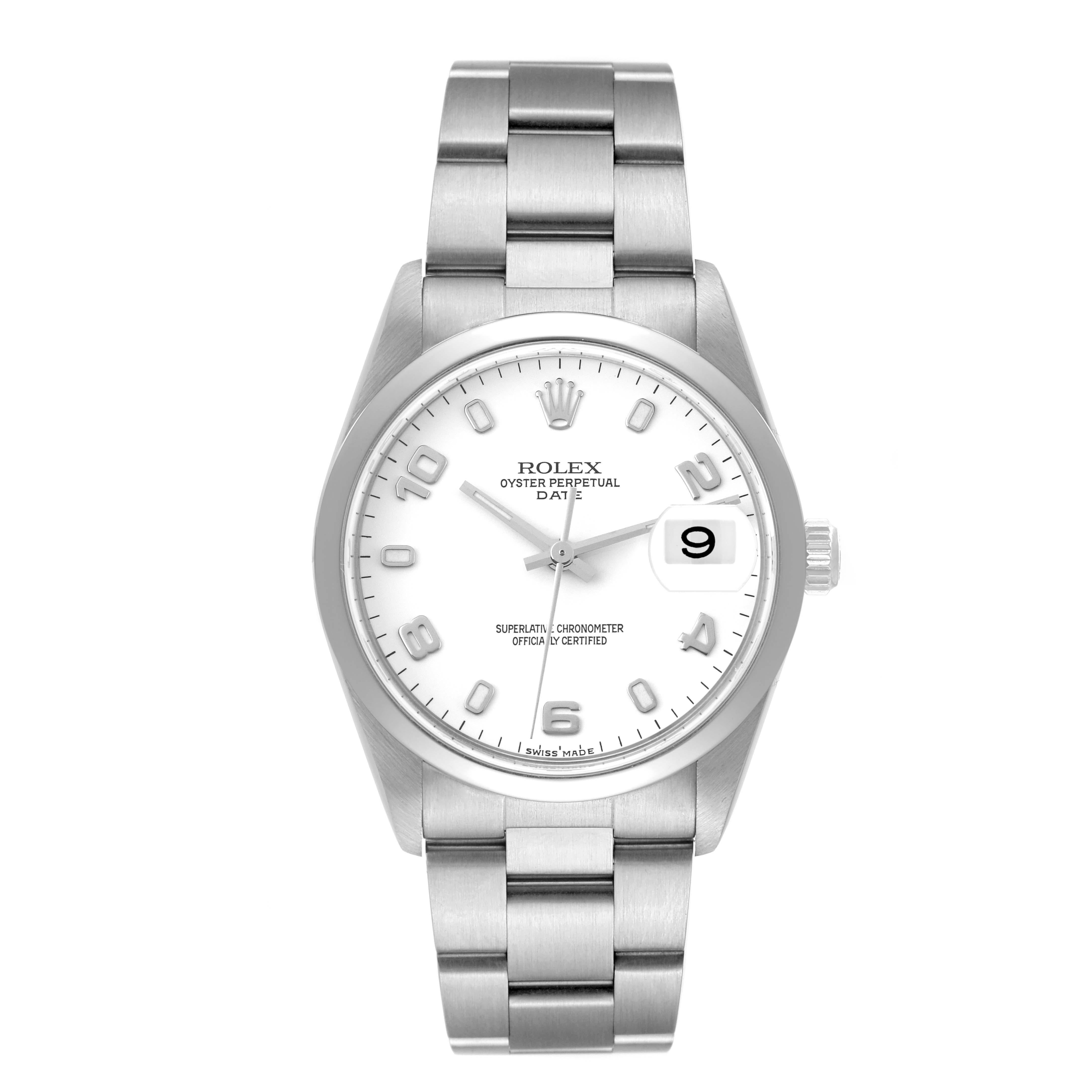 Rolex Date White Dial Oyster Bracelet Steel Mens Watch 15200. Officially certified chronometer self-winding movement. Stainless steel oyster case 34.0 mm in diameter. Rolex logo on the crown. Stainless steel smooth bezel. Scratch resistant sapphire