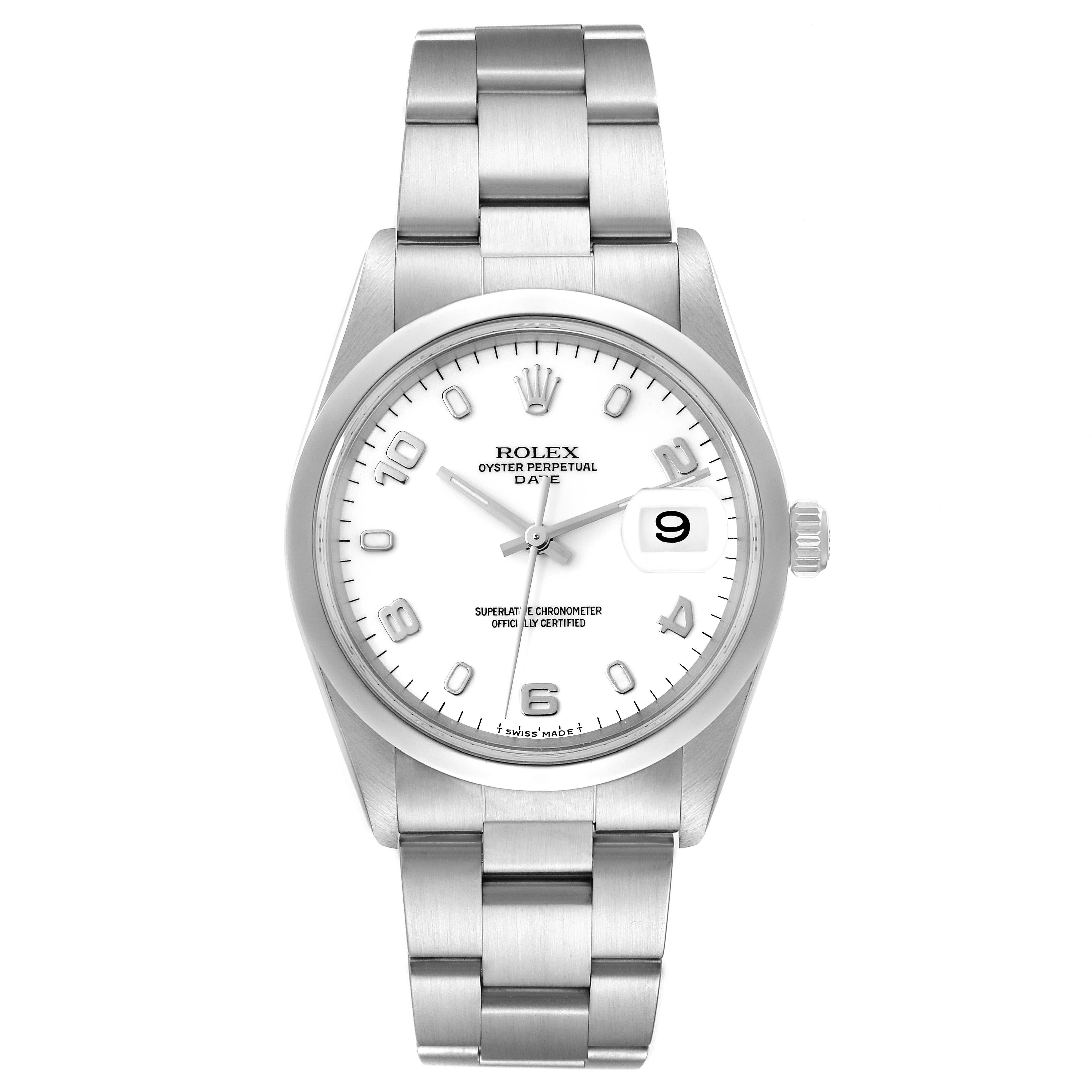 Rolex Date White Dial Oyster Bracelet Steel Mens Watch 15200. Mouvement automatique à remontage automatique, officiellement certifié chronomètre. Boîtier oyster en acier inoxydable de 34.0 mm de diamètre. Logo Rolex sur la couronne. Lunette lisse en