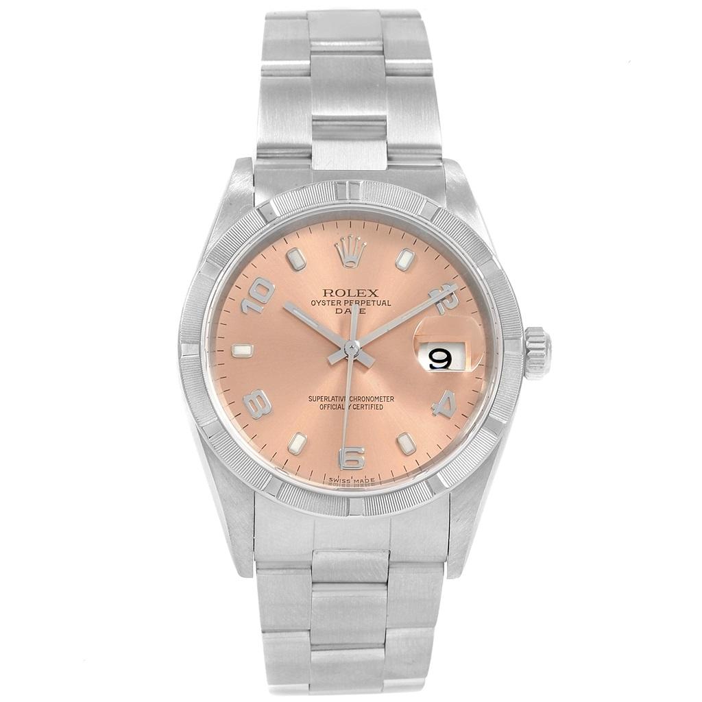 Rolex Date White Dial Oyster Bracelet Steel Mens Watch 15210. Officially certified chronometer self-winding movement with quickset date function. Stainless steel oyster case 34.0 mm in diameter. Rolex logo on a crown. Stainless steel engine turned