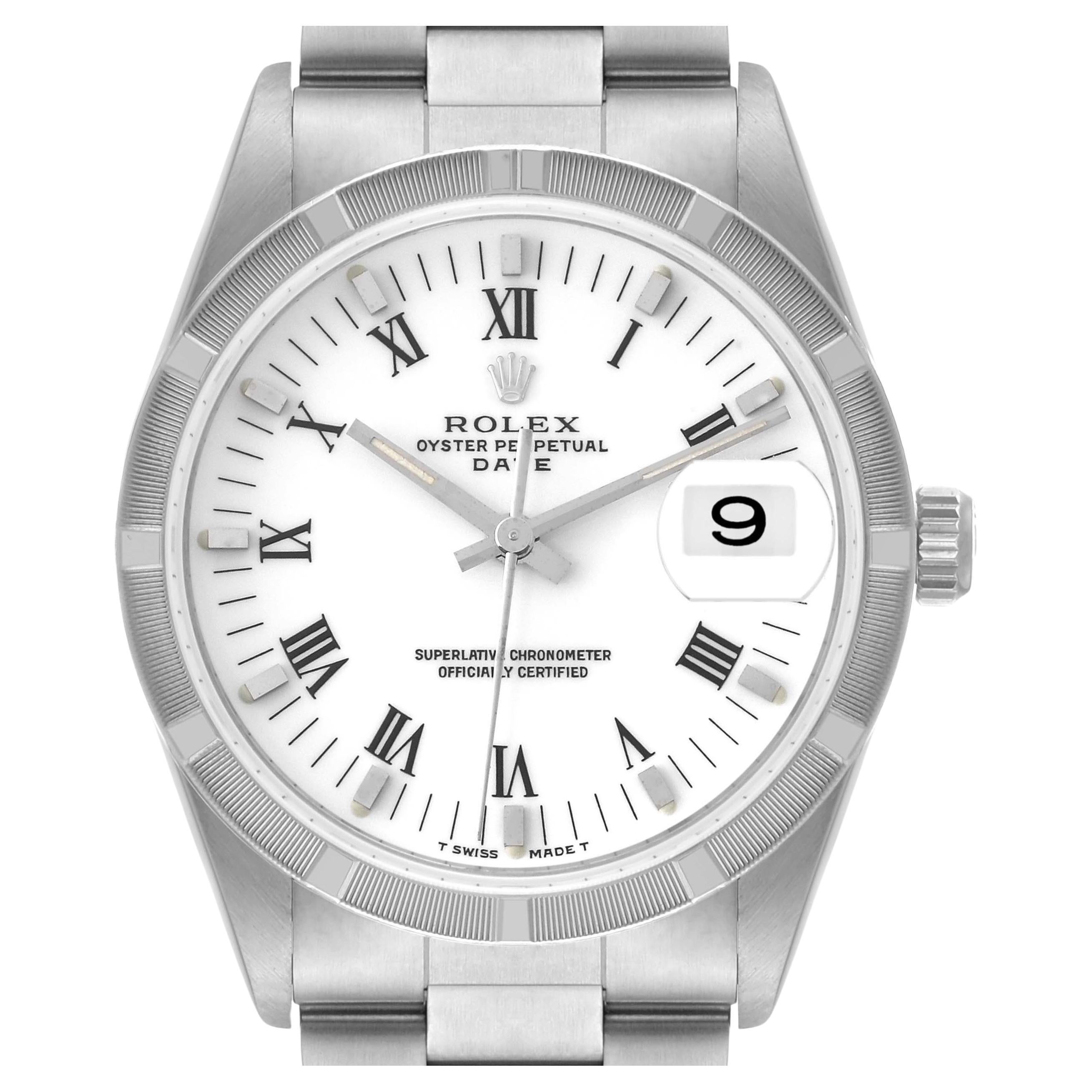 Rolex Date Silver Dial Steel Engine Turned Bezel Mens Watch 15210 at