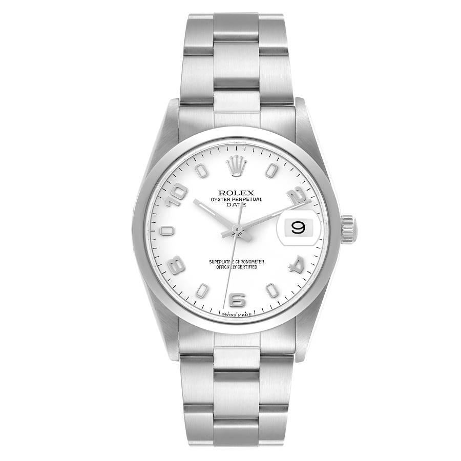 Rolex Date White Dial Smooth Bezel Steel Mens Watch 15200. Officially certified chronometer automatic self-winding movement. Stainless steel oyster case 34.0 mm in diameter. Rolex logo on the crown. Stainless steel smooth bezel. Scratch resistant
