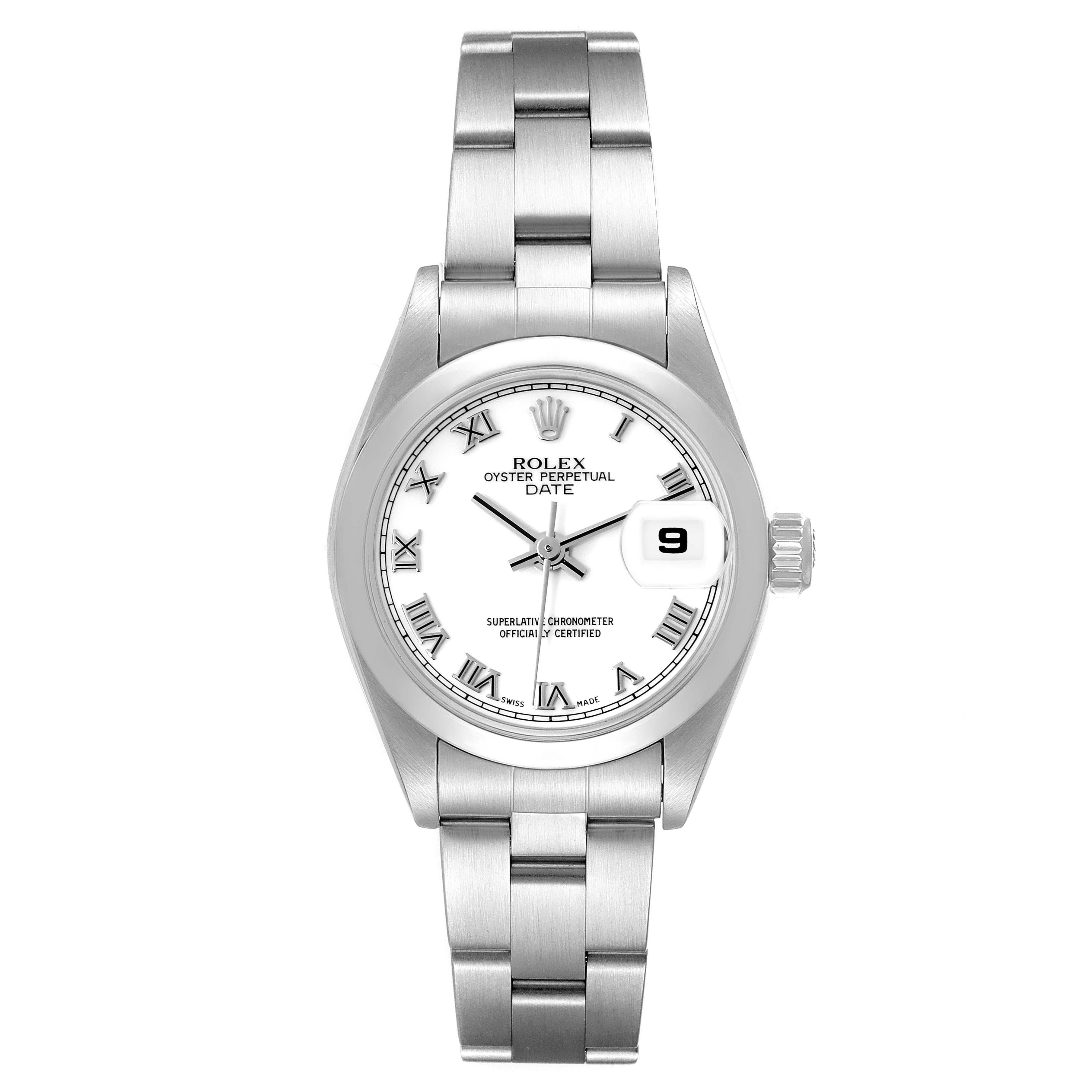 Rolex Date White Roman Dial Domed Bezel Steel Ladies Watch 79160. Officially certified chronometer automatic self-winding movement. Stainless steel oyster case 26 mm in diameter. Rolex logo on a crown. Stainless steel smooth bezel. Scratch resistant