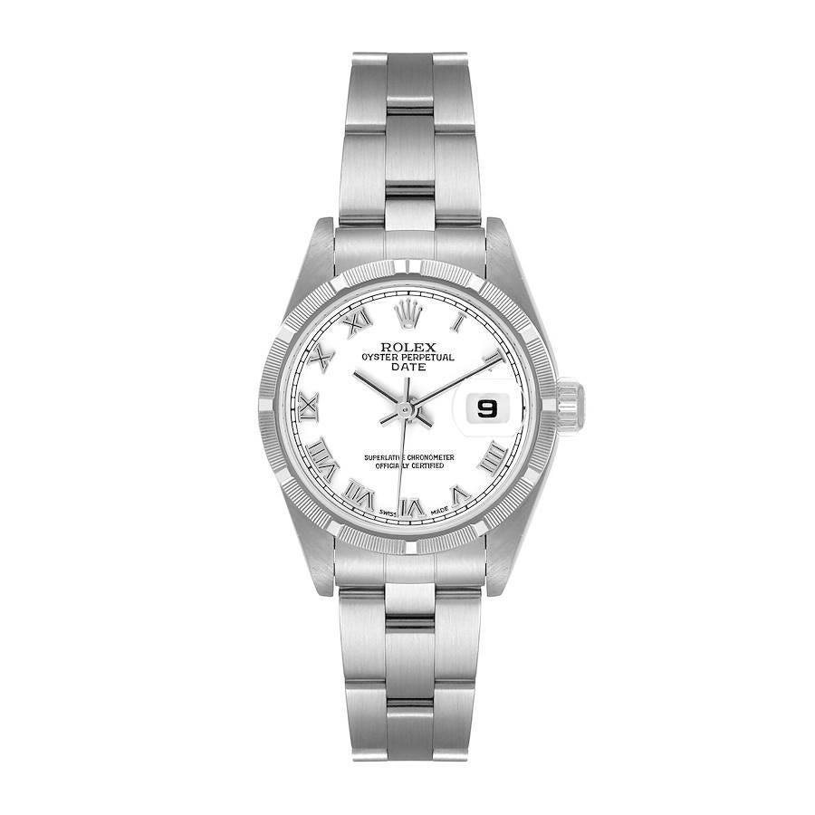 Rolex Date White Roman Dial Oyster Bracelet Steel Ladies Watch 79190. Officially certified chronometer self-winding movement. Stainless steel oyster case 25 mm in diameter. Rolex logo on a crown. Stainless steel engine turned bezel. Scratch