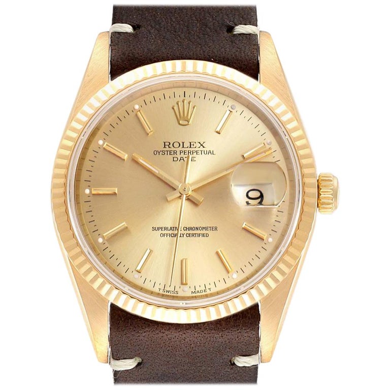 Rolex Date Yellow Gold Brown Strap Men's Watch 15238 For Sale at 1stDibs