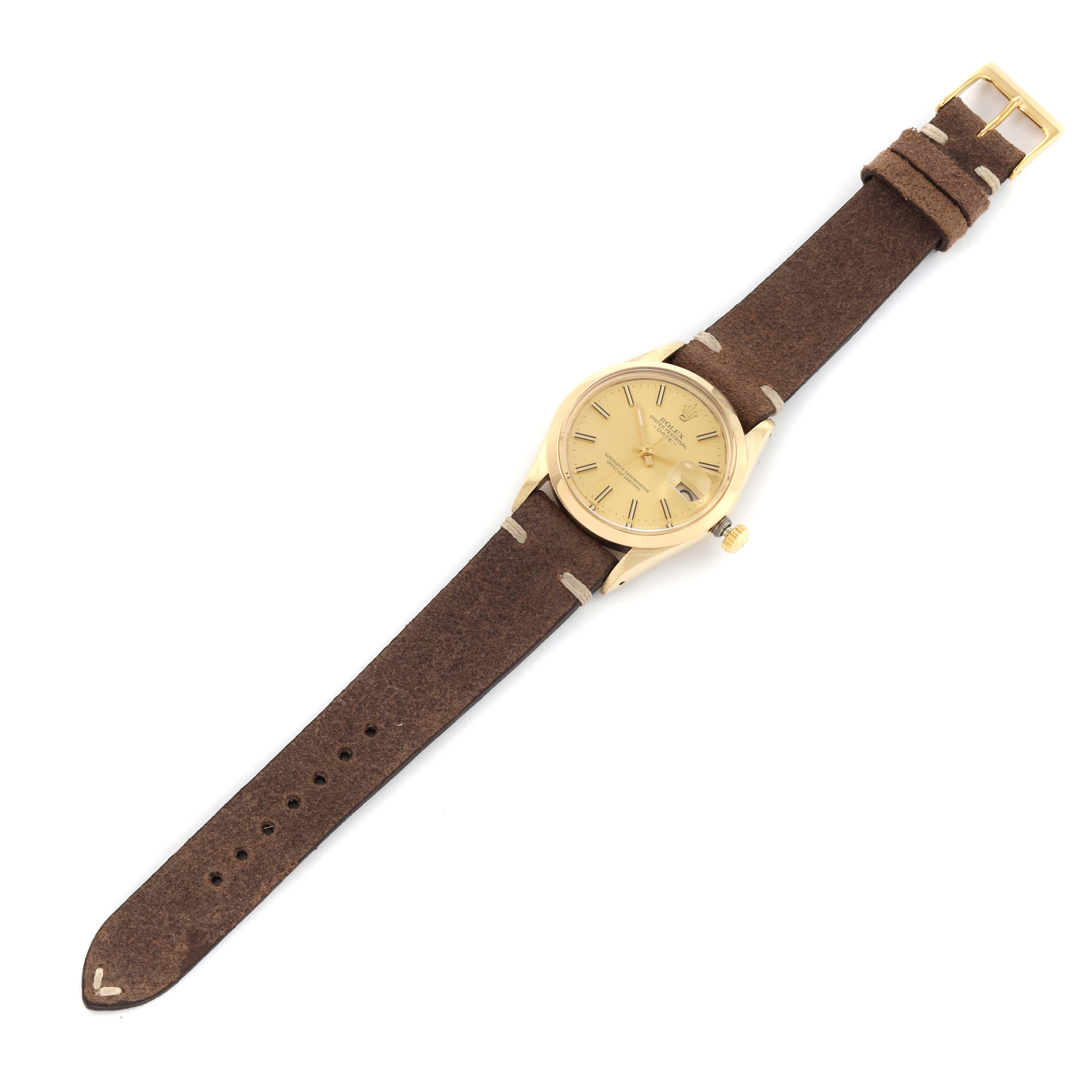 Rolex Date Yellow Gold Champagne Dial Leather Strap Vintage Mens Watch 15007 en vente 6