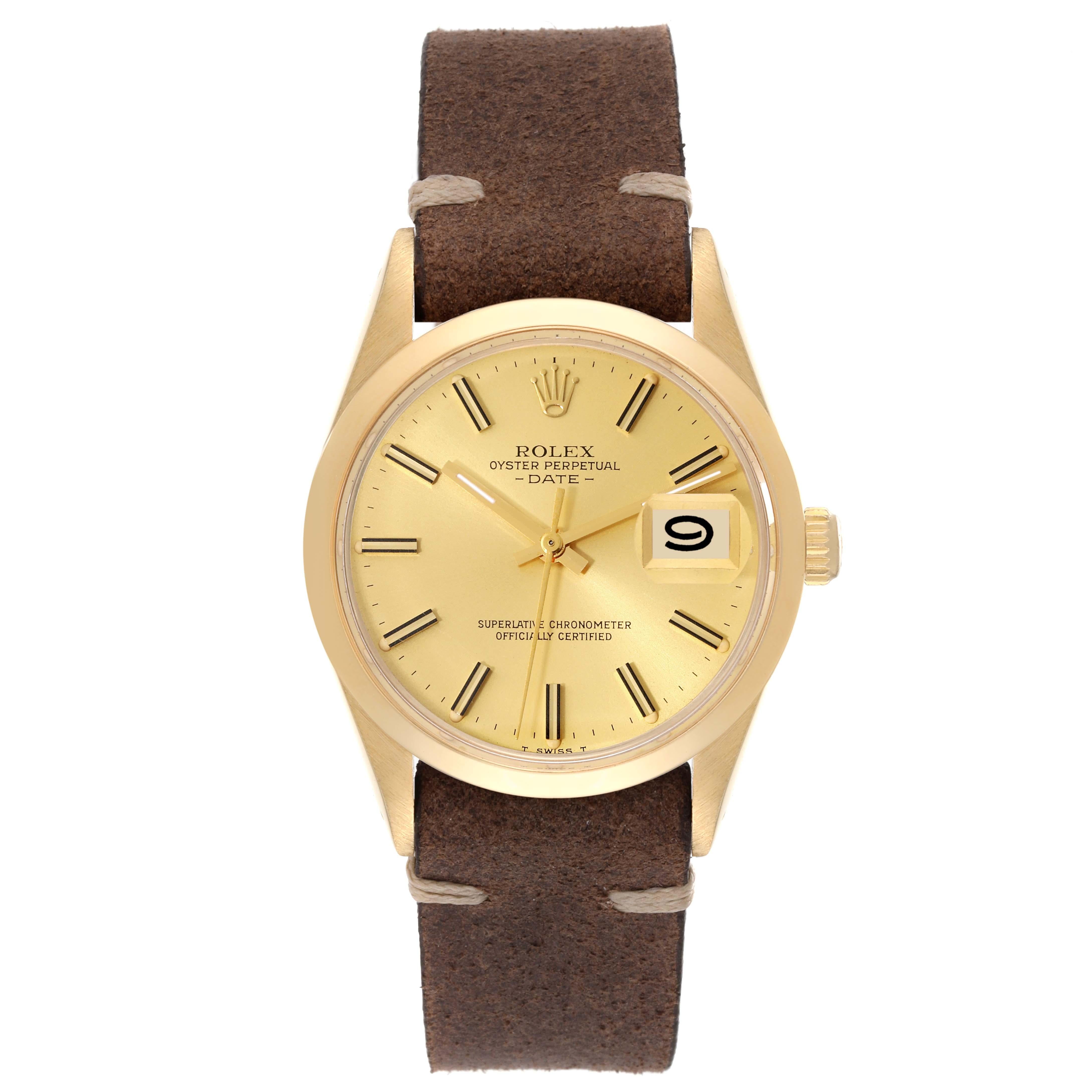 Rolex Date Yellow Gold Champagne Dial Leather Strap Vintage Mens Watch 15007. Officially certified chronometer self-winding movement. 14k yellow gold case 34.0 mm in diameter. Rolex logo on the crown. 14k yellow gold smooth bezel. Acrylic crystal