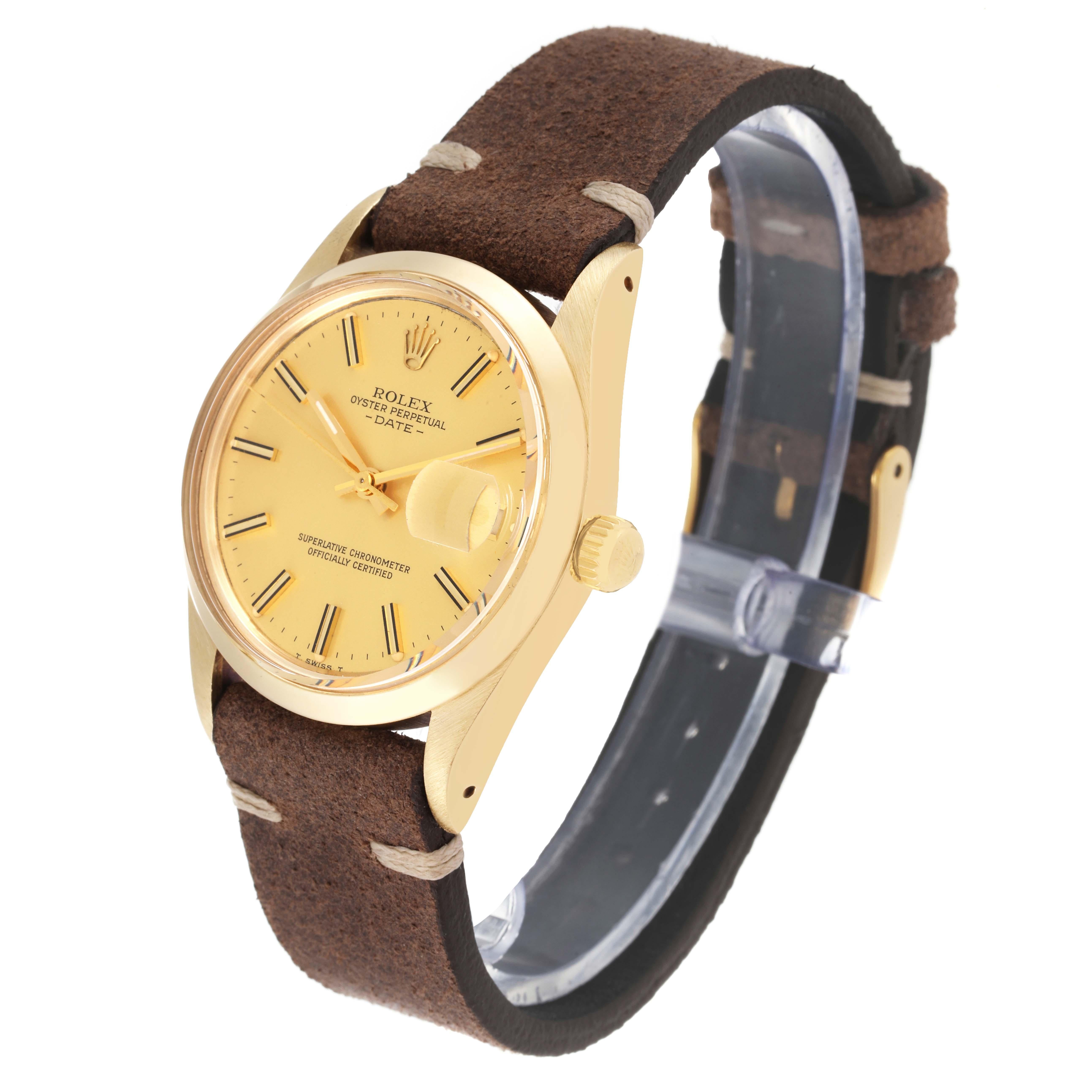 Rolex Date Yellow Gold Champagne Dial Leather Strap Vintage Mens Watch 15007 Pour hommes en vente