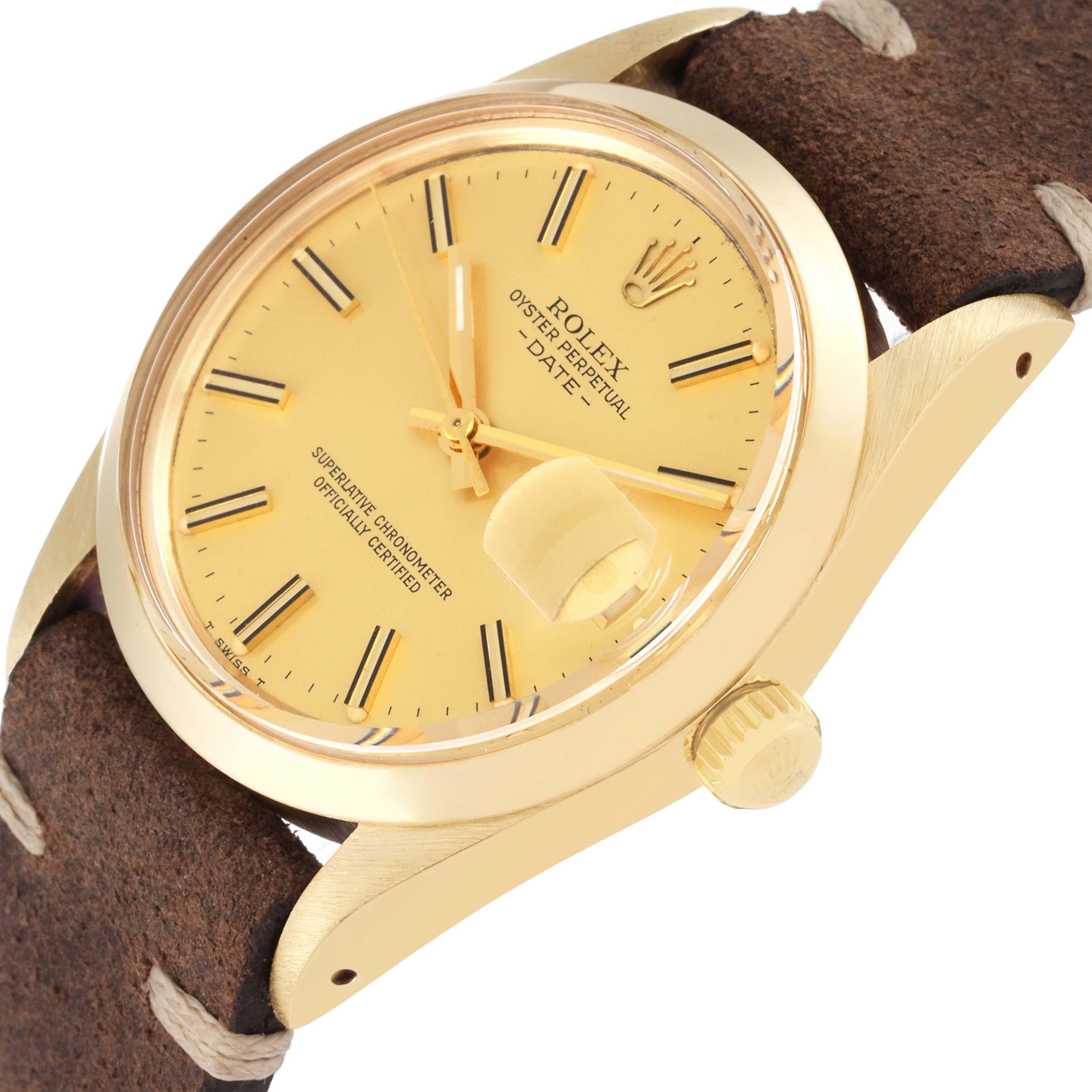 Rolex Date Yellow Gold Champagne Dial Leather Strap Vintage Mens Watch 15007 en vente 1