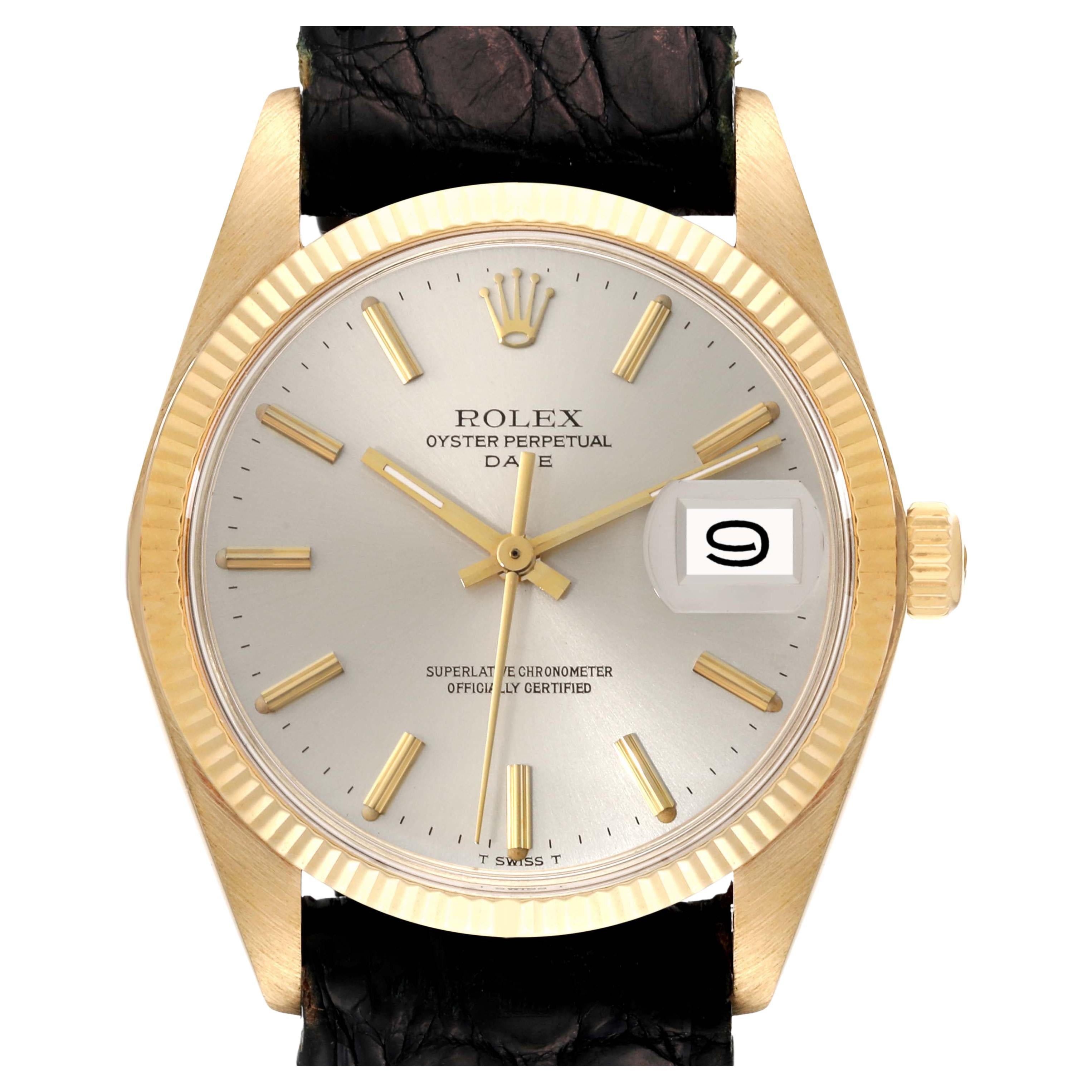 Rolex Date Yellow Gold Champagne Dial Leather Strap Vintage Mens Watch 1503